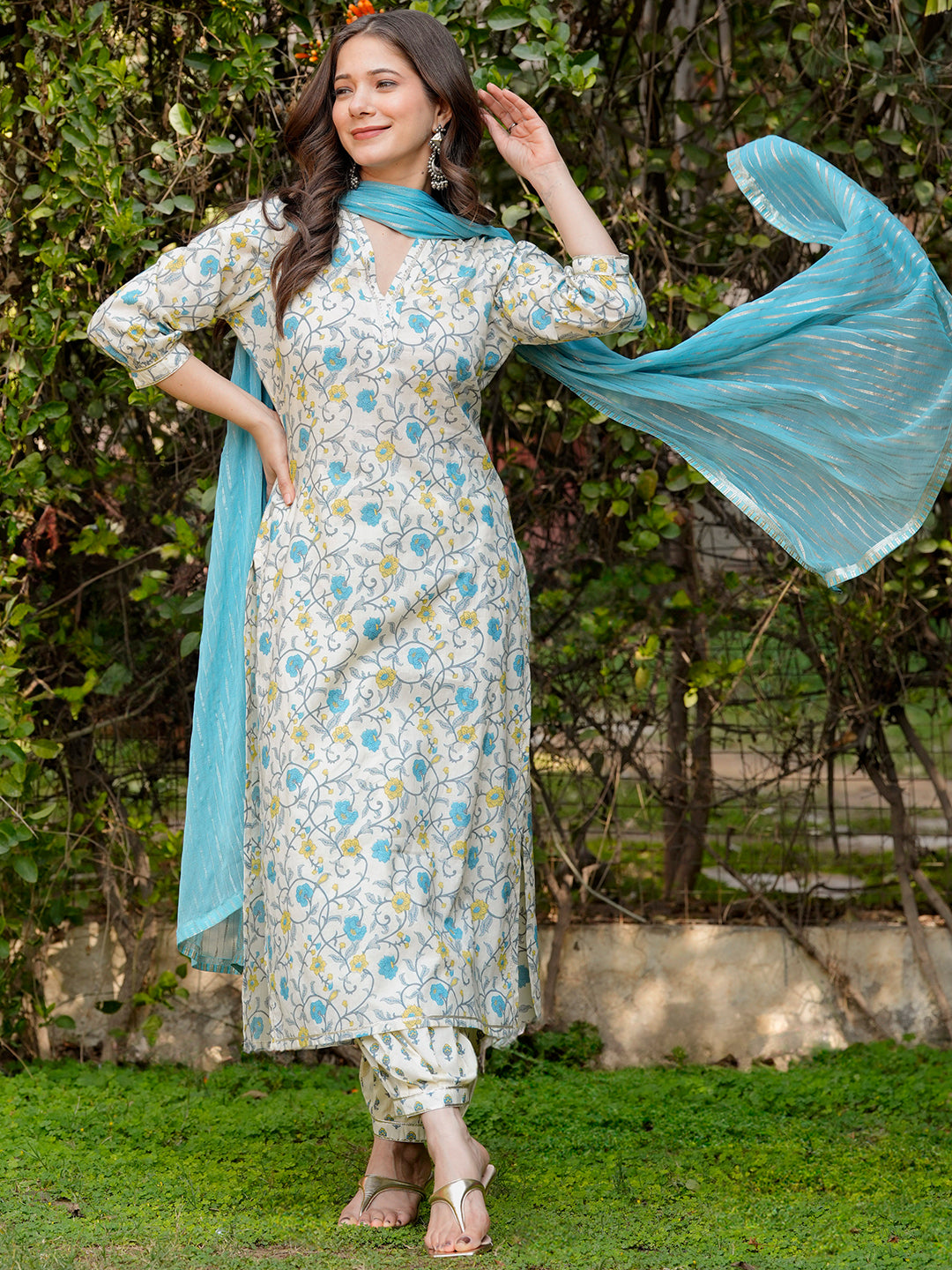 Off White Printed Cotton Straight Suit With Dupatta