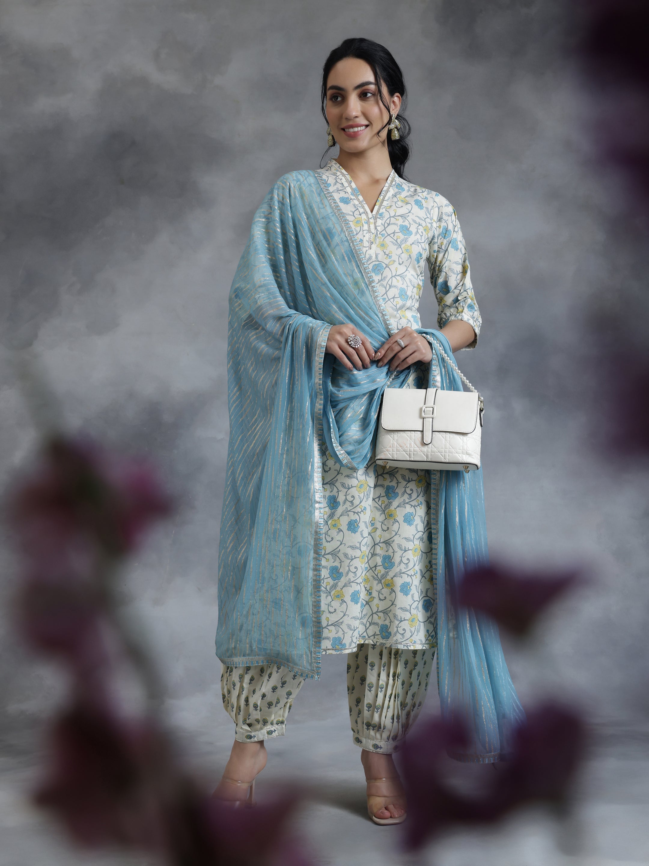 Off White Printed Cotton Straight Suit With Dupatta