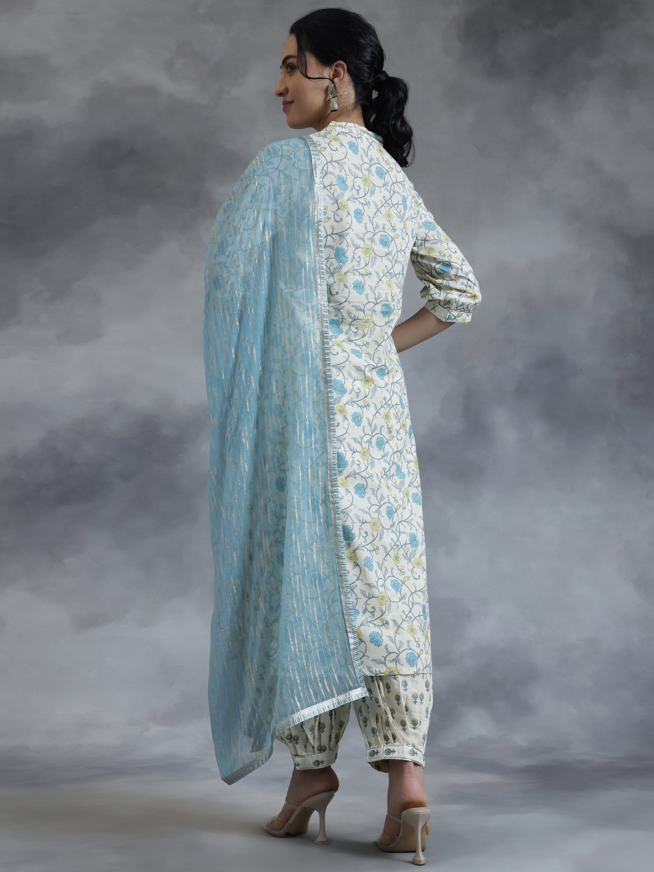 Off White Printed Cotton Straight Suit With Dupatta