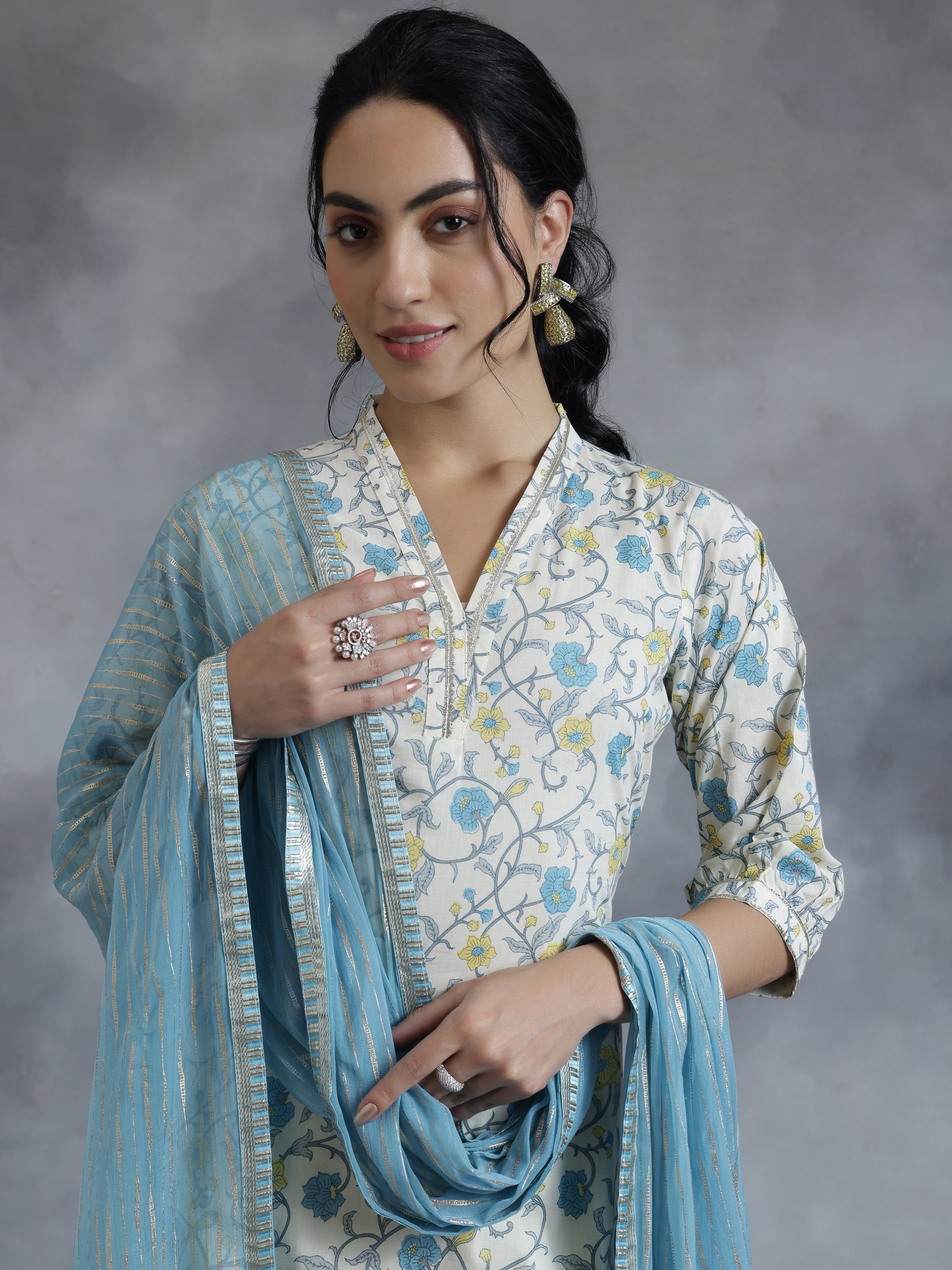 Off White Printed Cotton Straight Suit With Dupatta