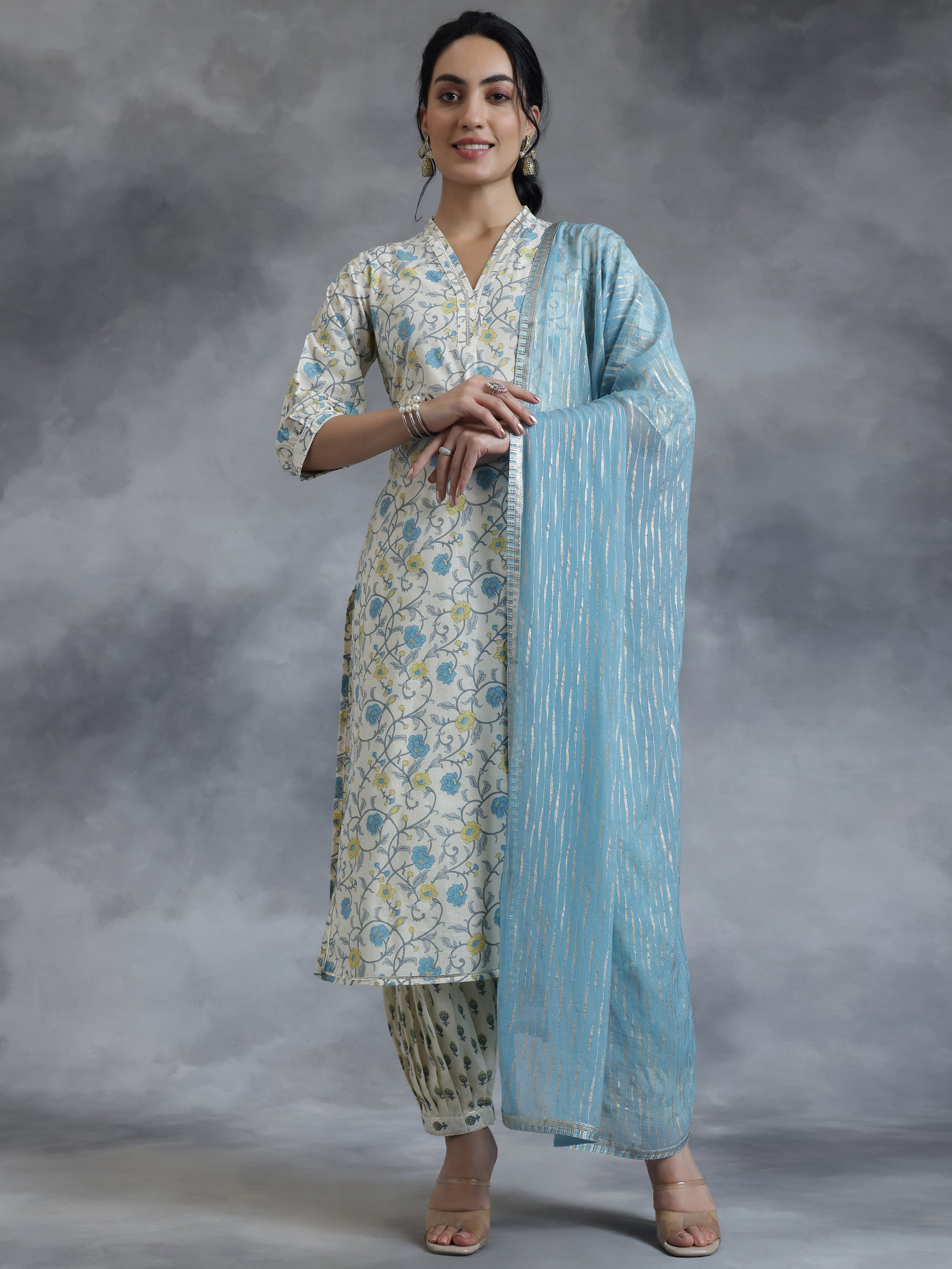 Off White Printed Cotton Straight Suit With Dupatta