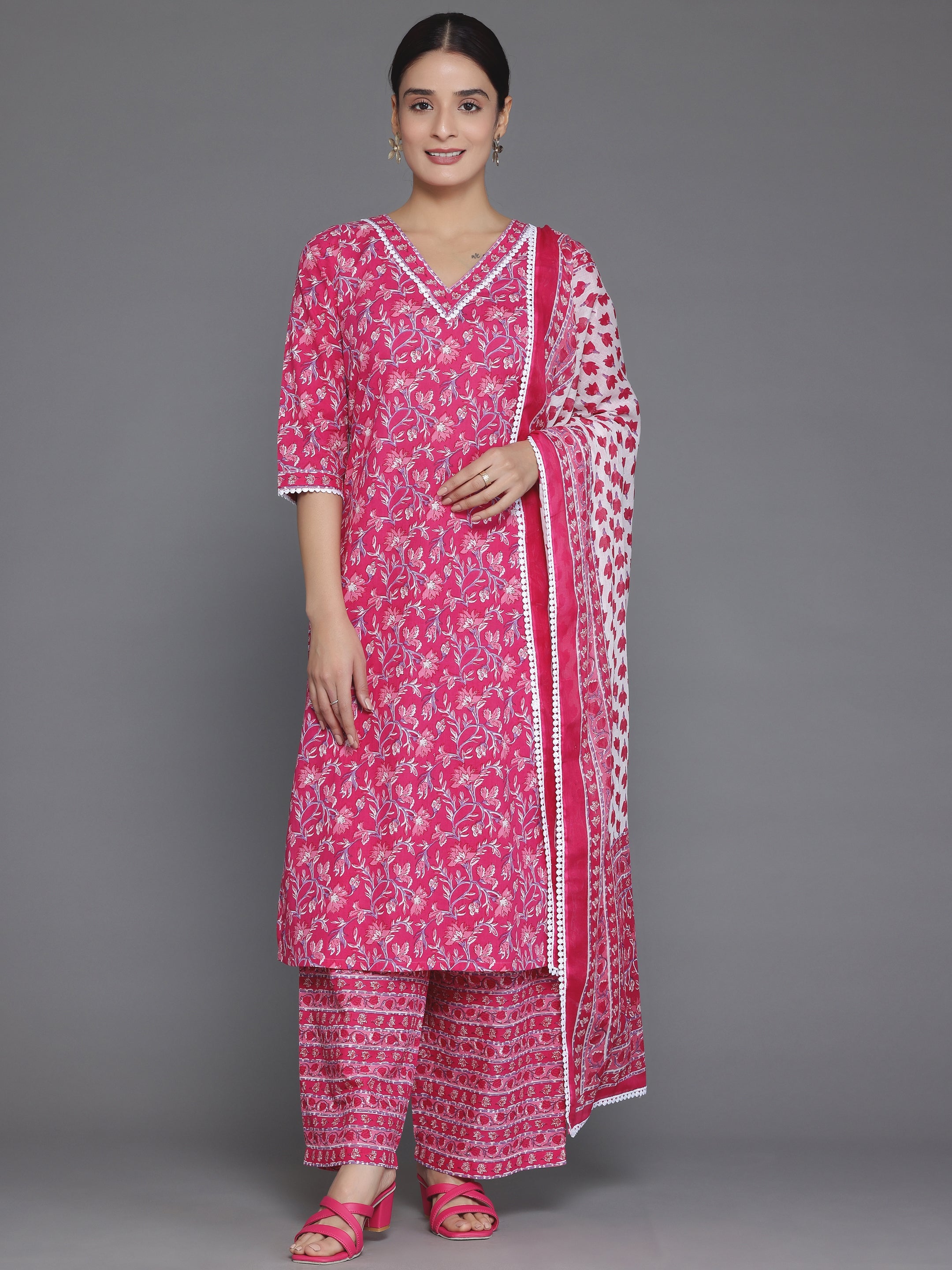 Pink Printed Cotton Straight Suit With Dupatta