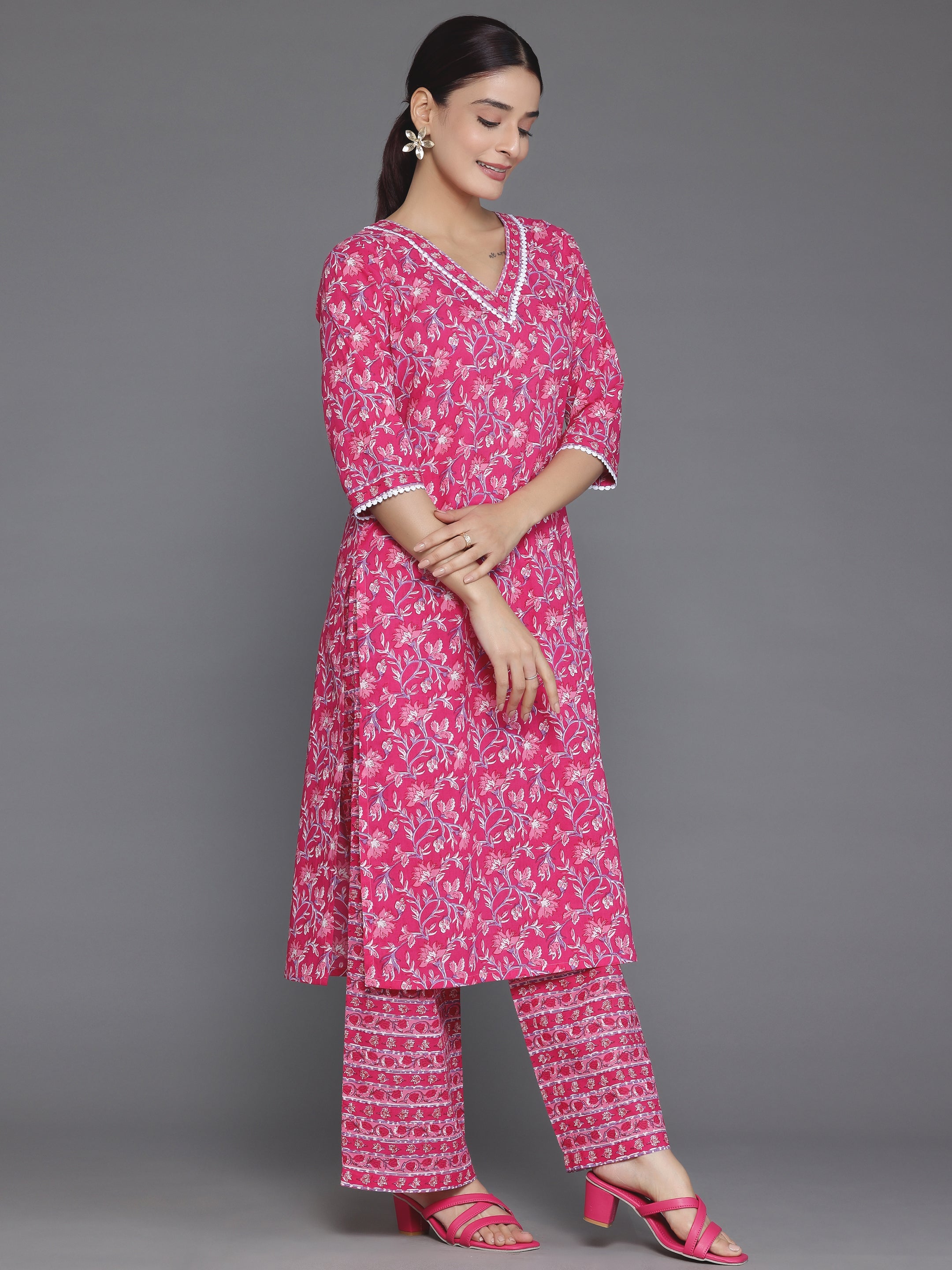 Pink Printed Cotton Straight Suit With Dupatta