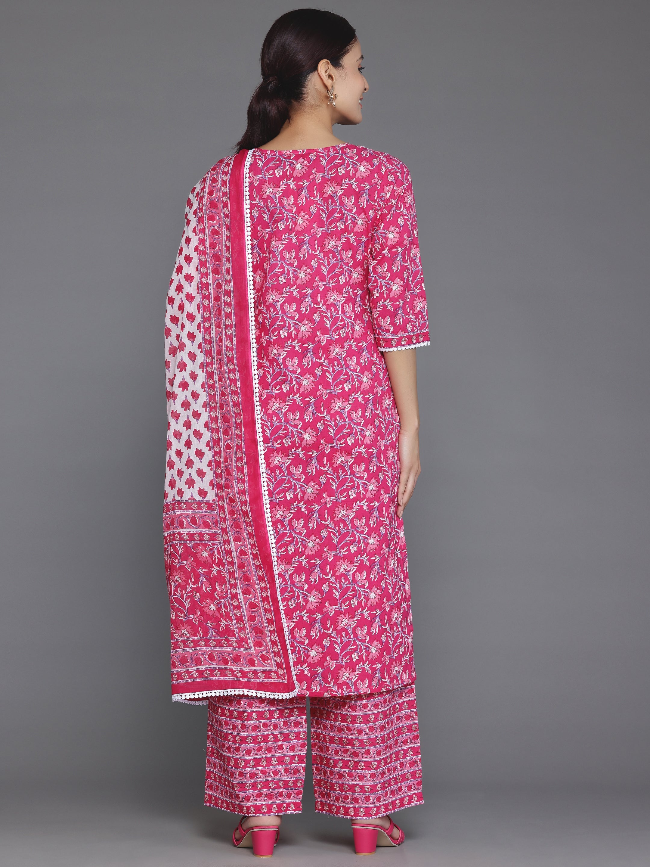 Pink Printed Cotton Straight Suit With Dupatta