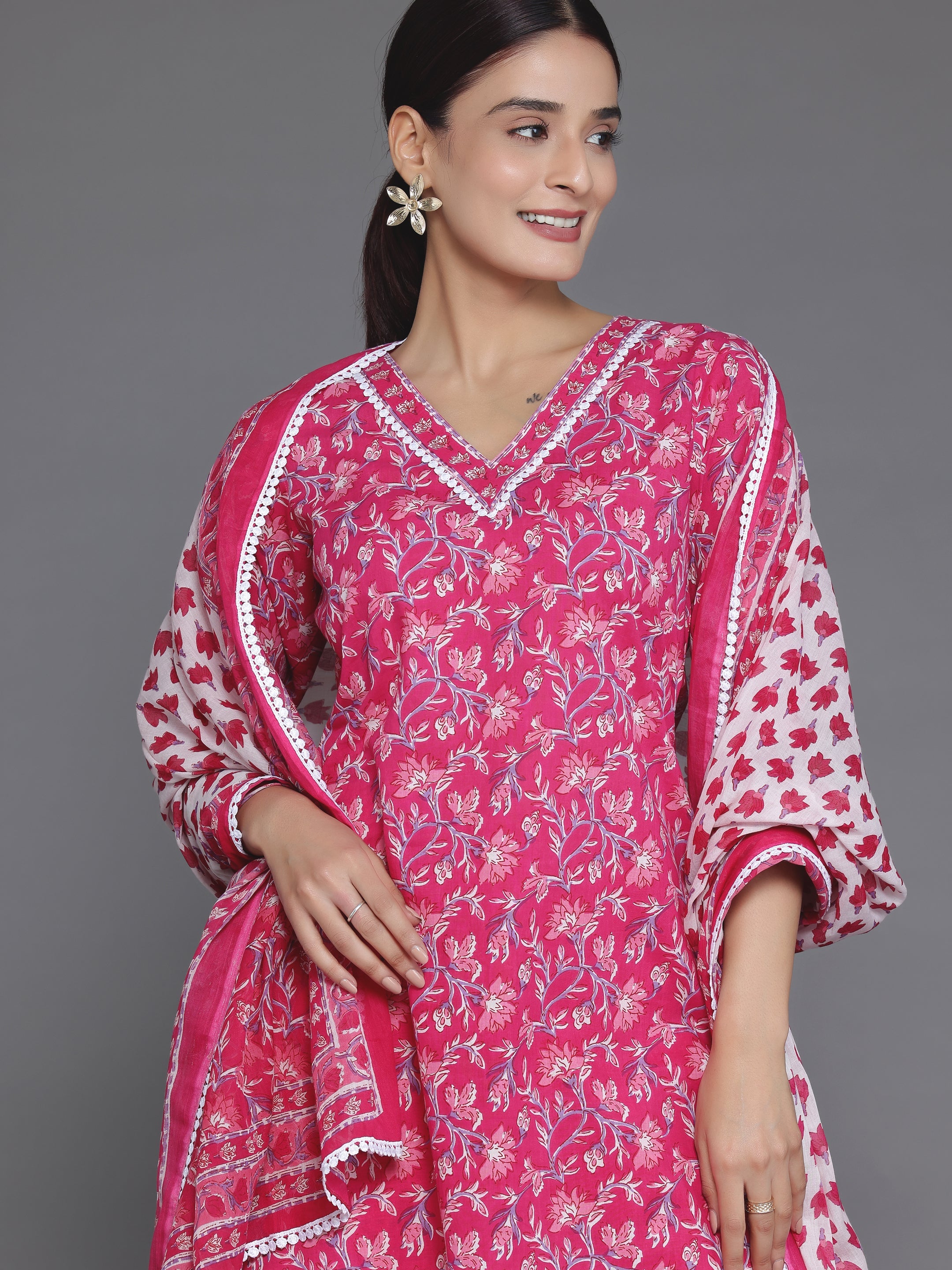 Pink Printed Cotton Straight Suit With Dupatta