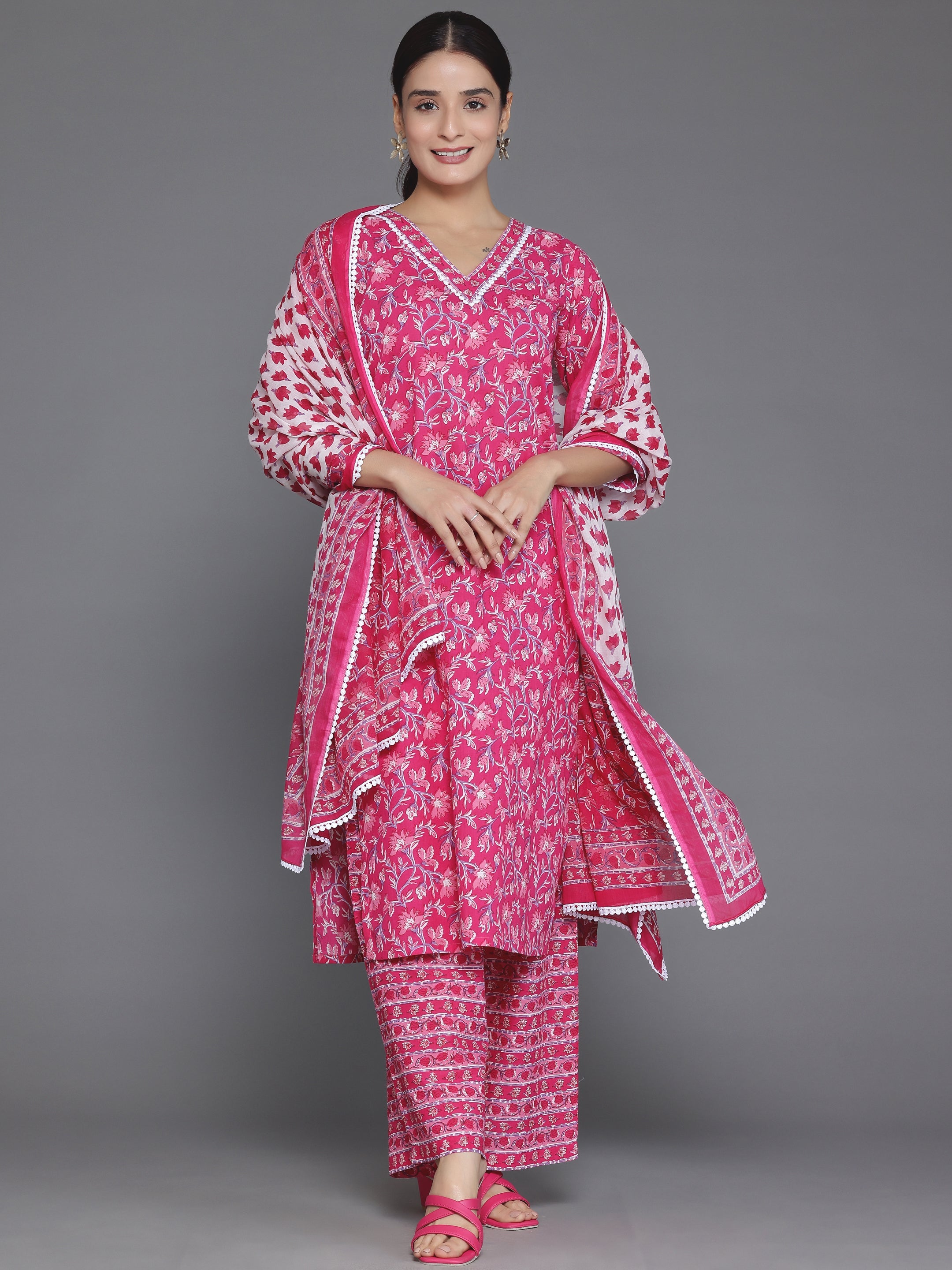 Pink Printed Cotton Straight Suit With Dupatta