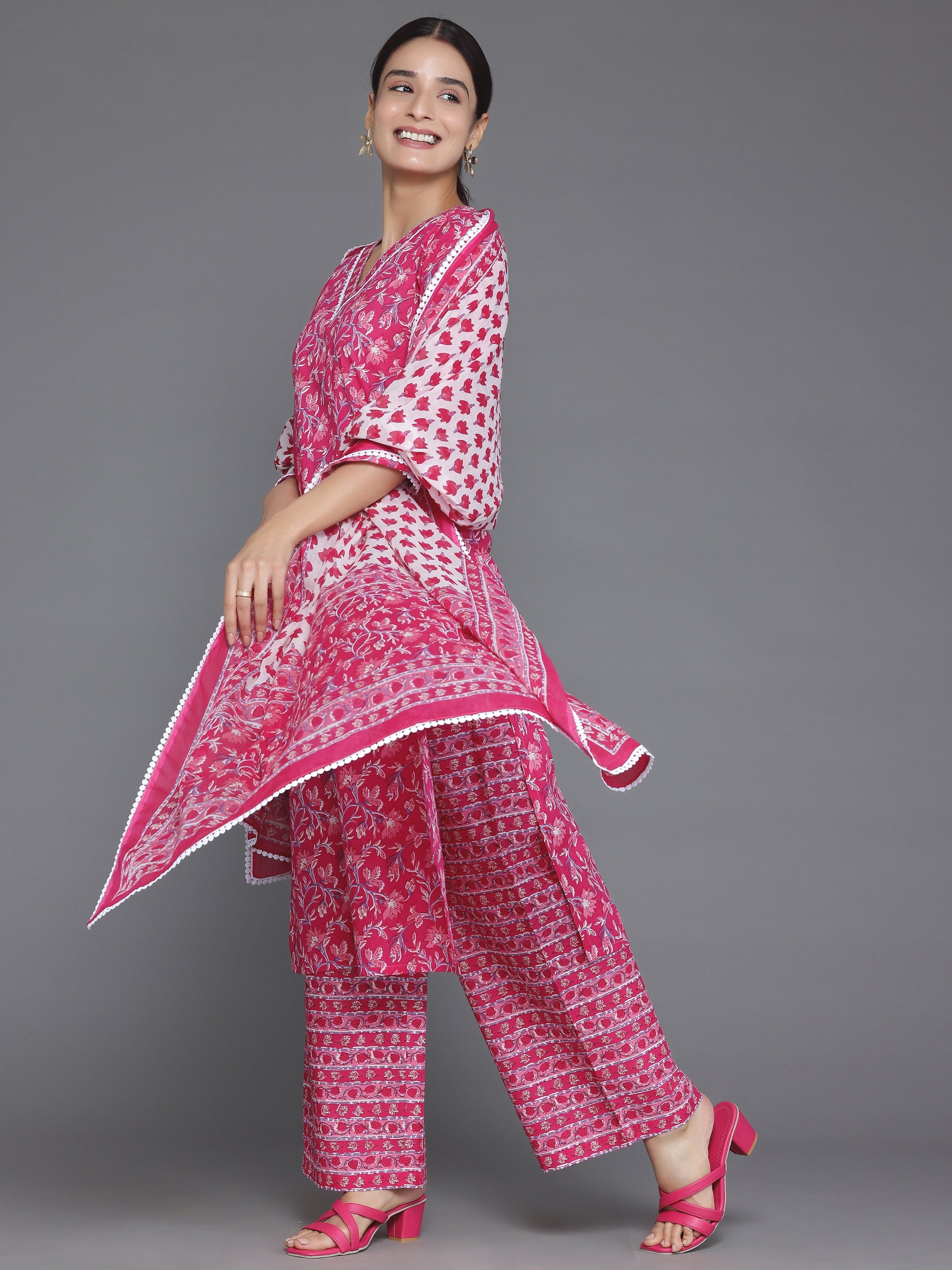 Pink Printed Cotton Straight Suit With Dupatta