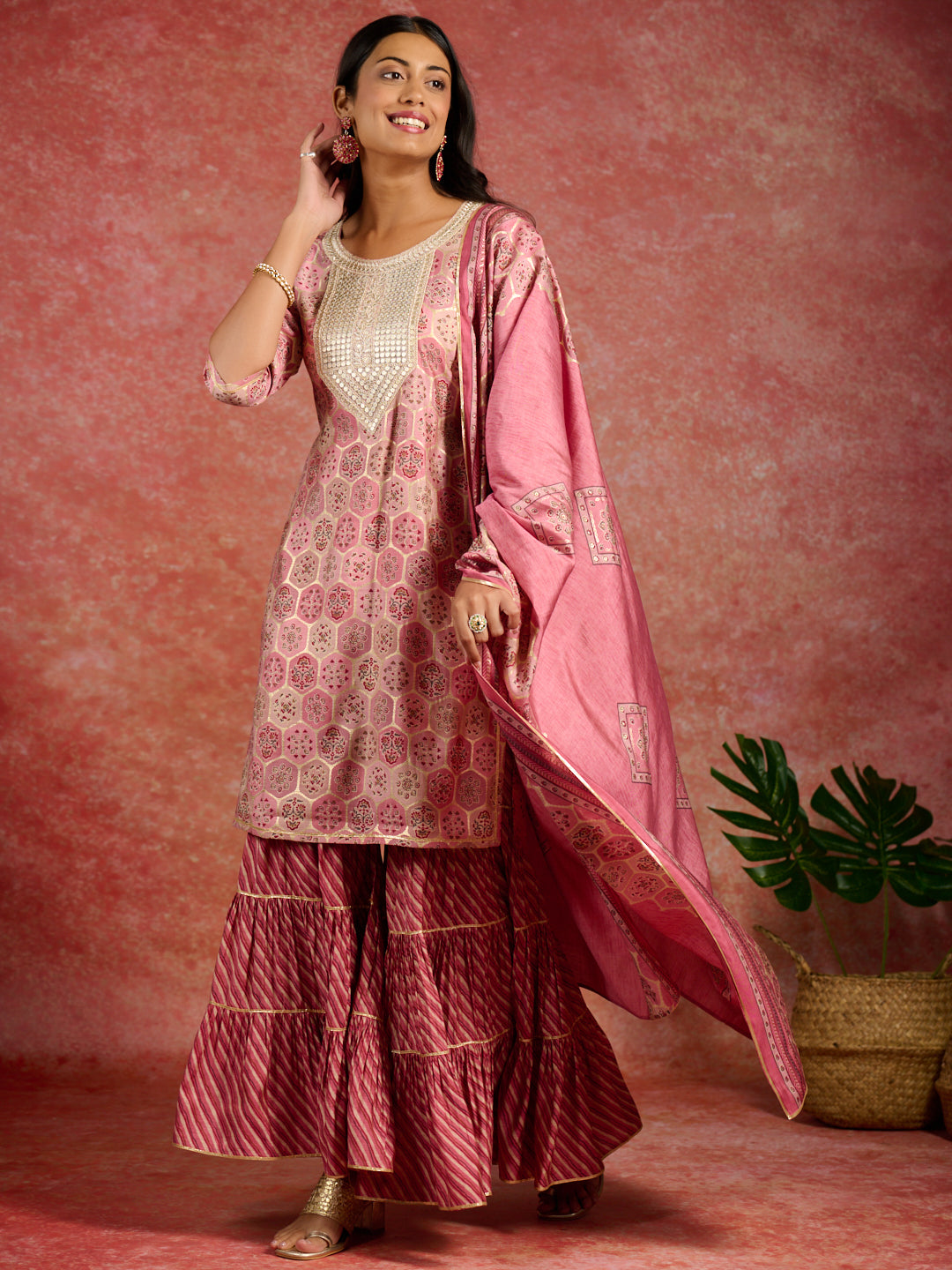 Pink Yoke Design Silk Blend Straight Suit With Dupatta