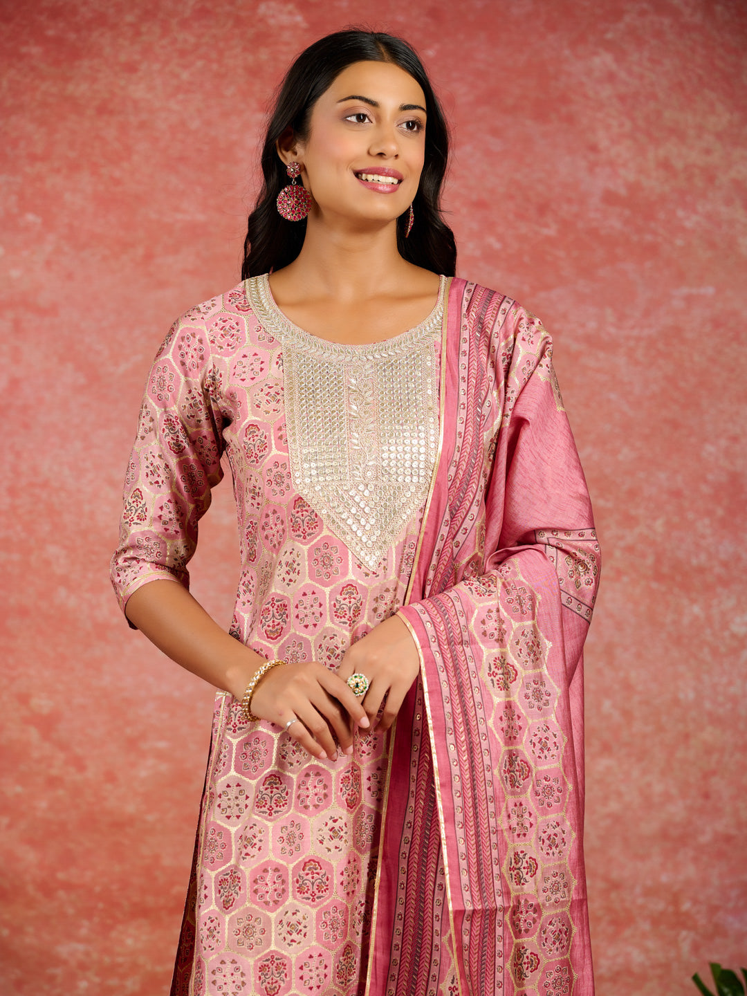 Pink Yoke Design Silk Blend Straight Suit With Dupatta