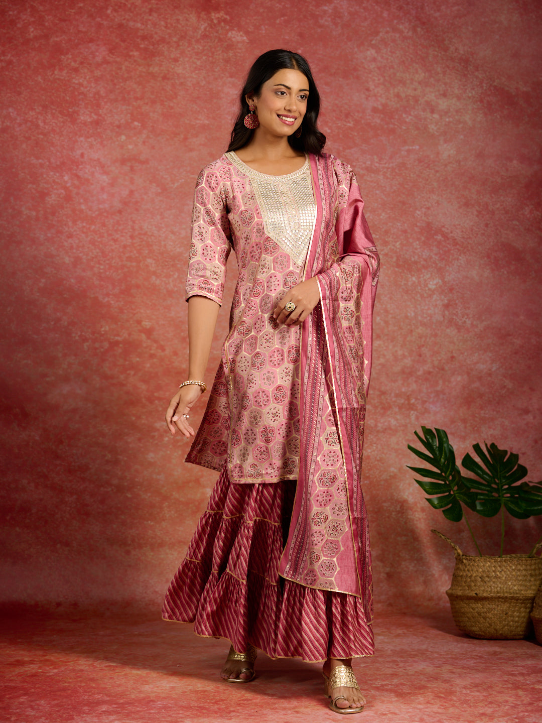 Pink Yoke Design Silk Blend Straight Suit With Dupatta