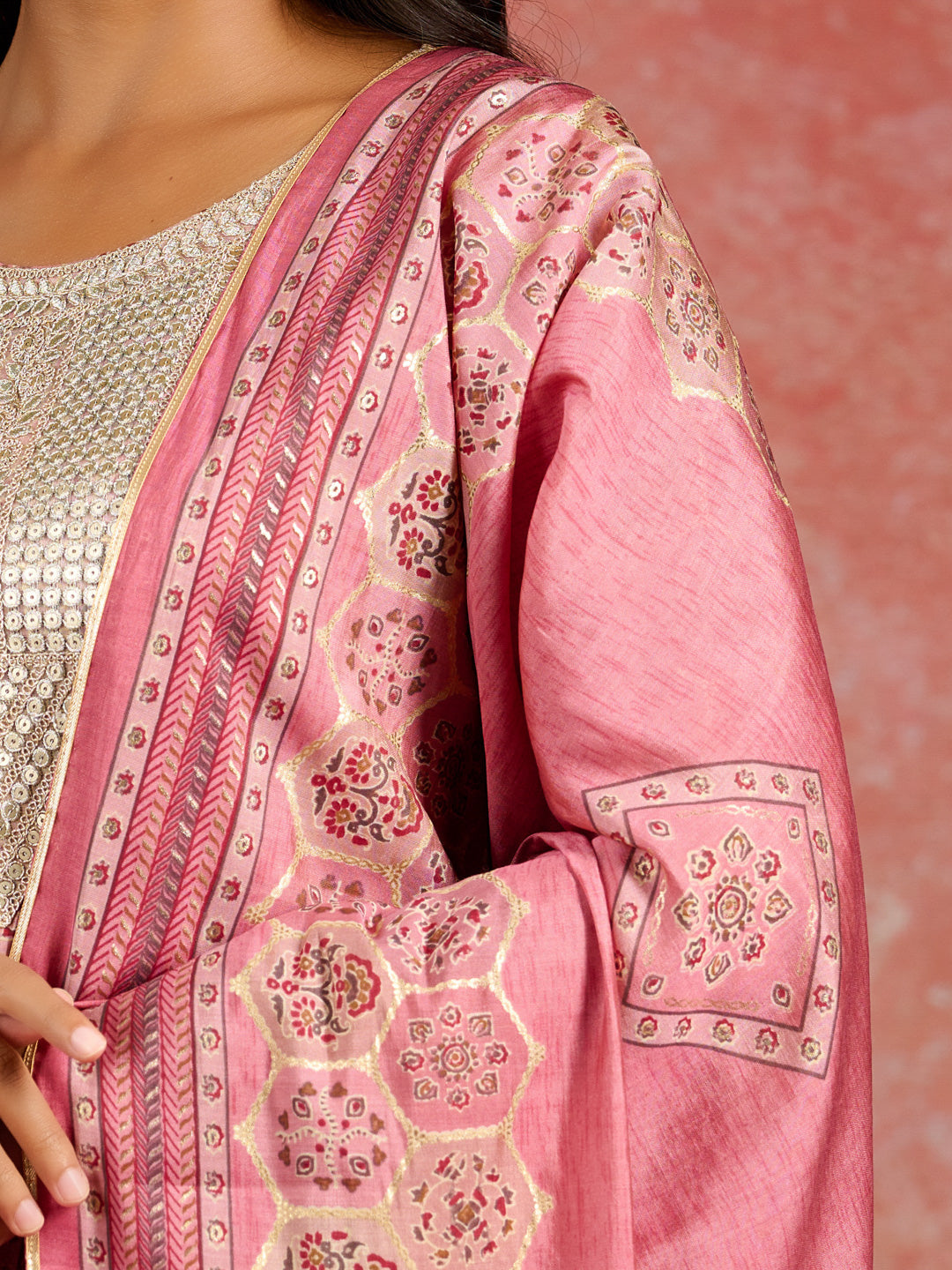 Pink Yoke Design Silk Blend Straight Suit With Dupatta