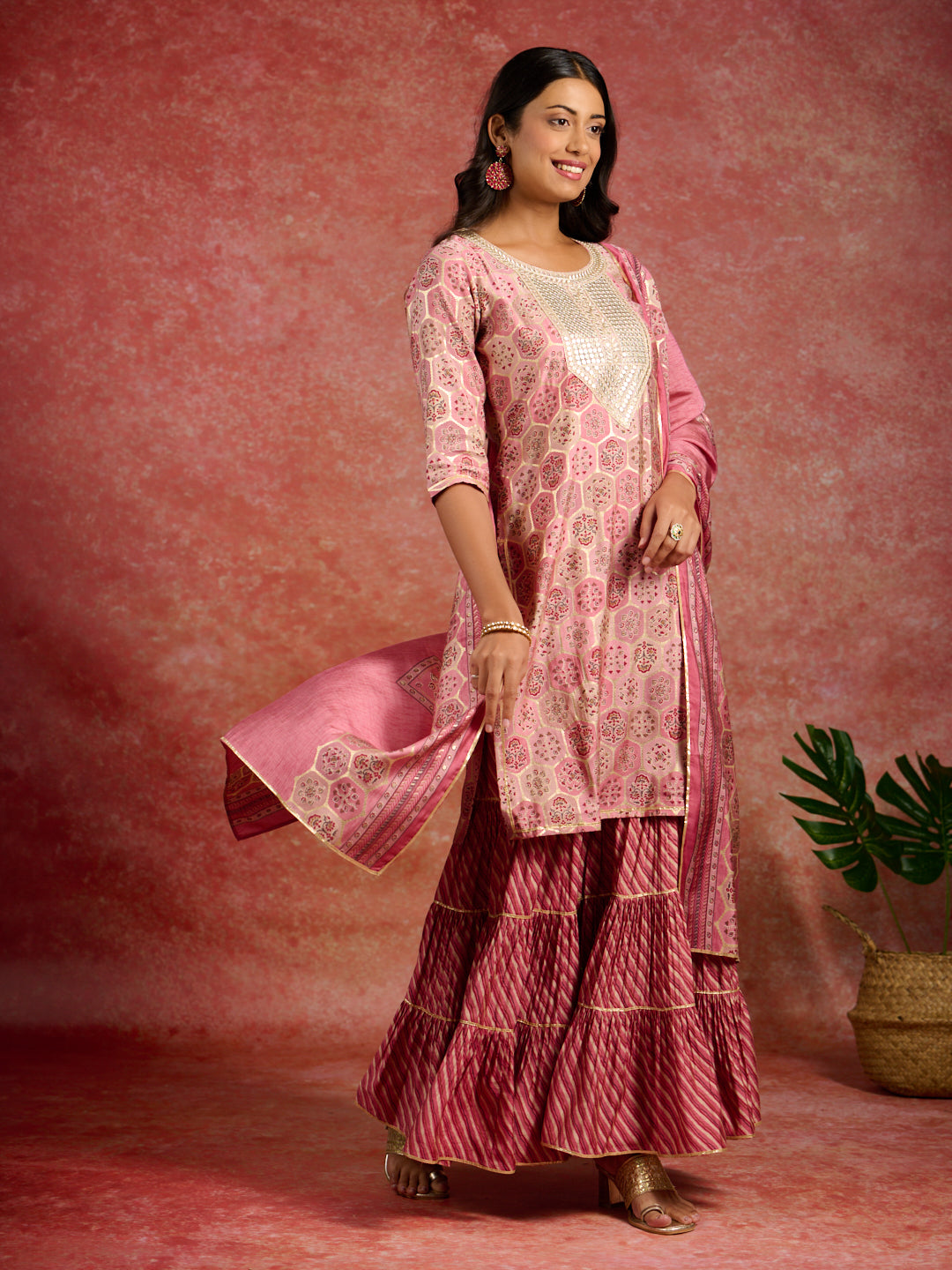 Pink Yoke Design Silk Blend Straight Suit With Dupatta