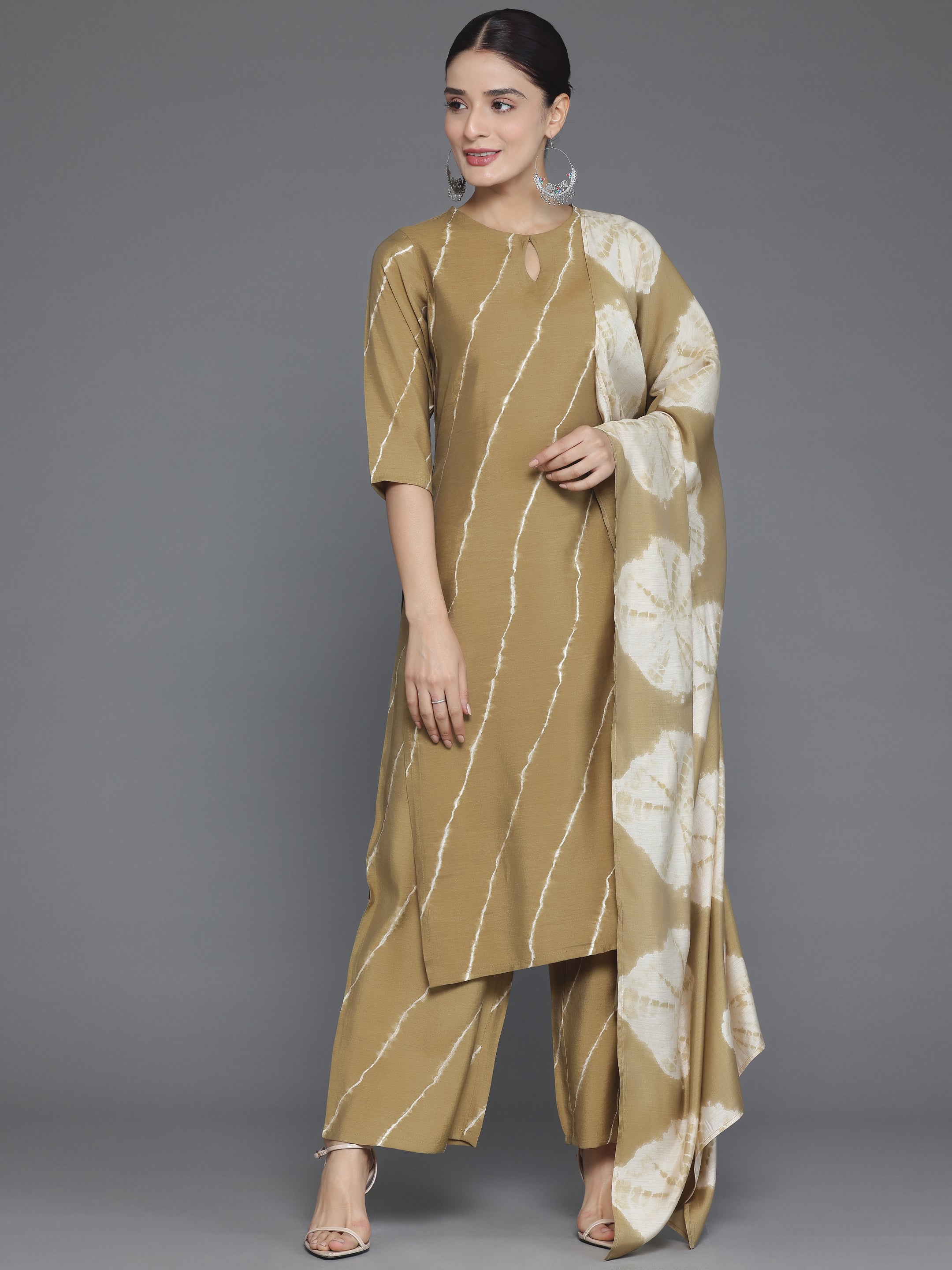 Olive Printed Silk Blend Straight Suit With Dupatta