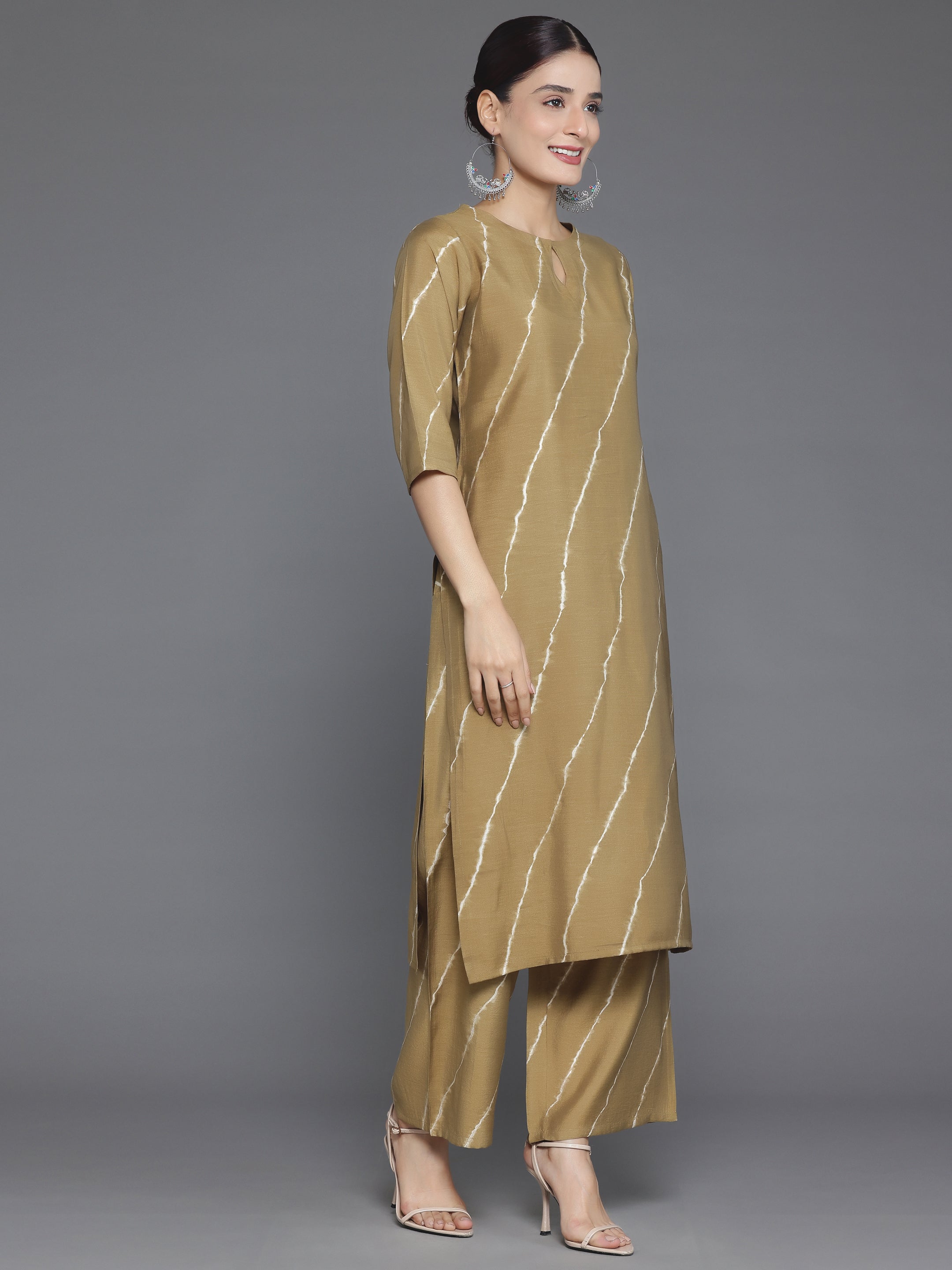 Olive Printed Silk Blend Straight Suit With Dupatta