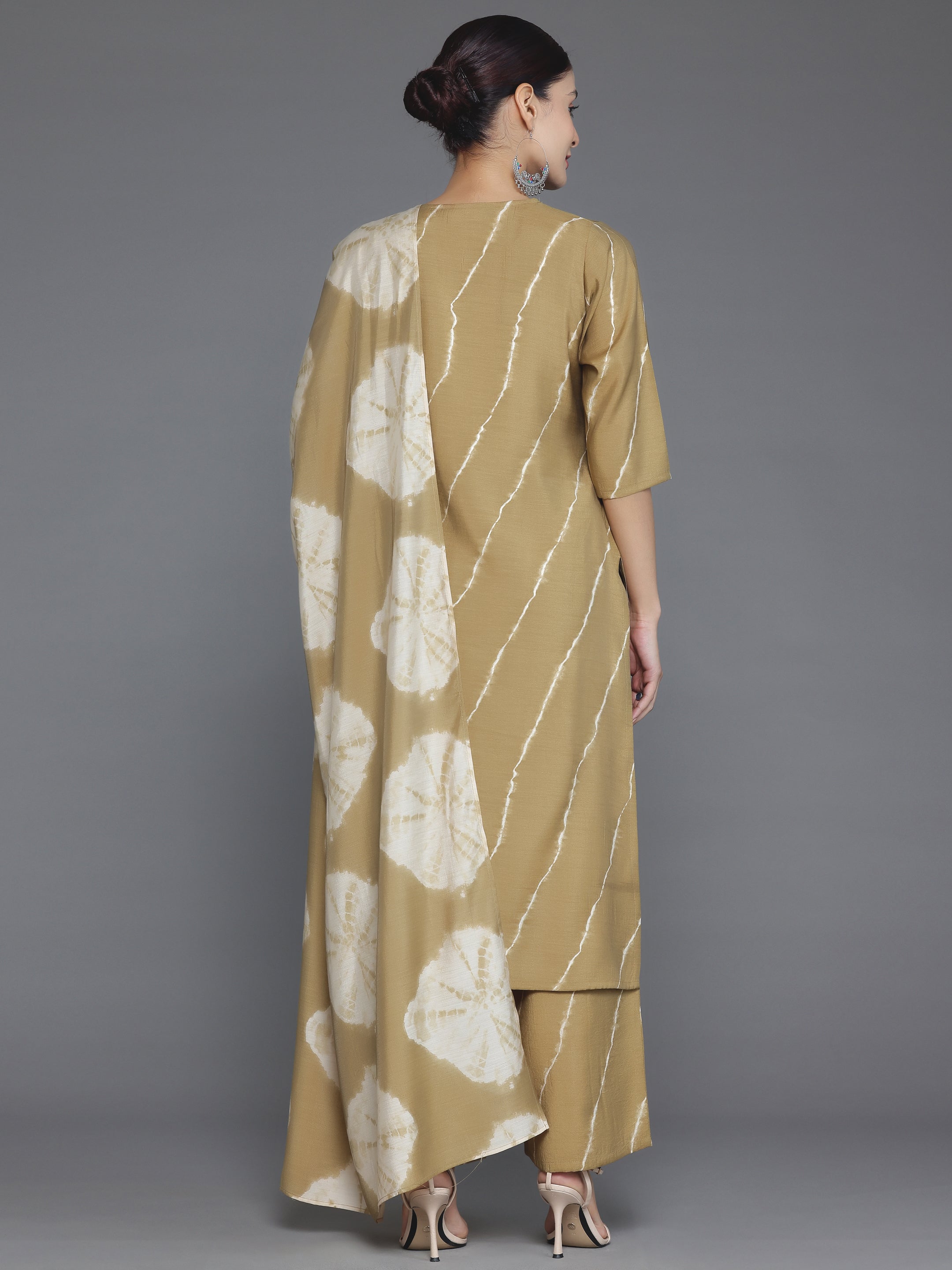 Olive Printed Silk Blend Straight Suit With Dupatta