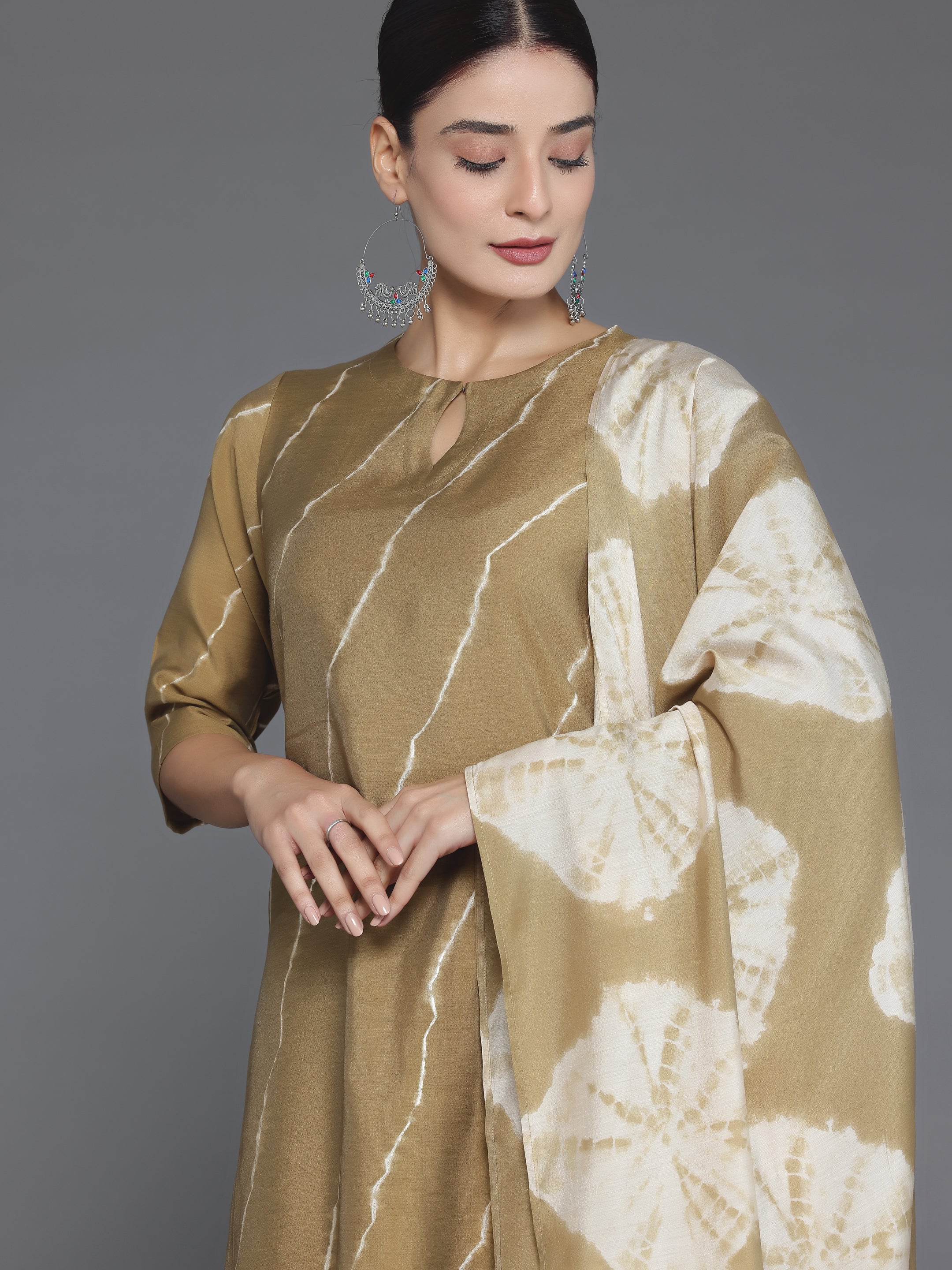 Olive Printed Silk Blend Straight Suit With Dupatta