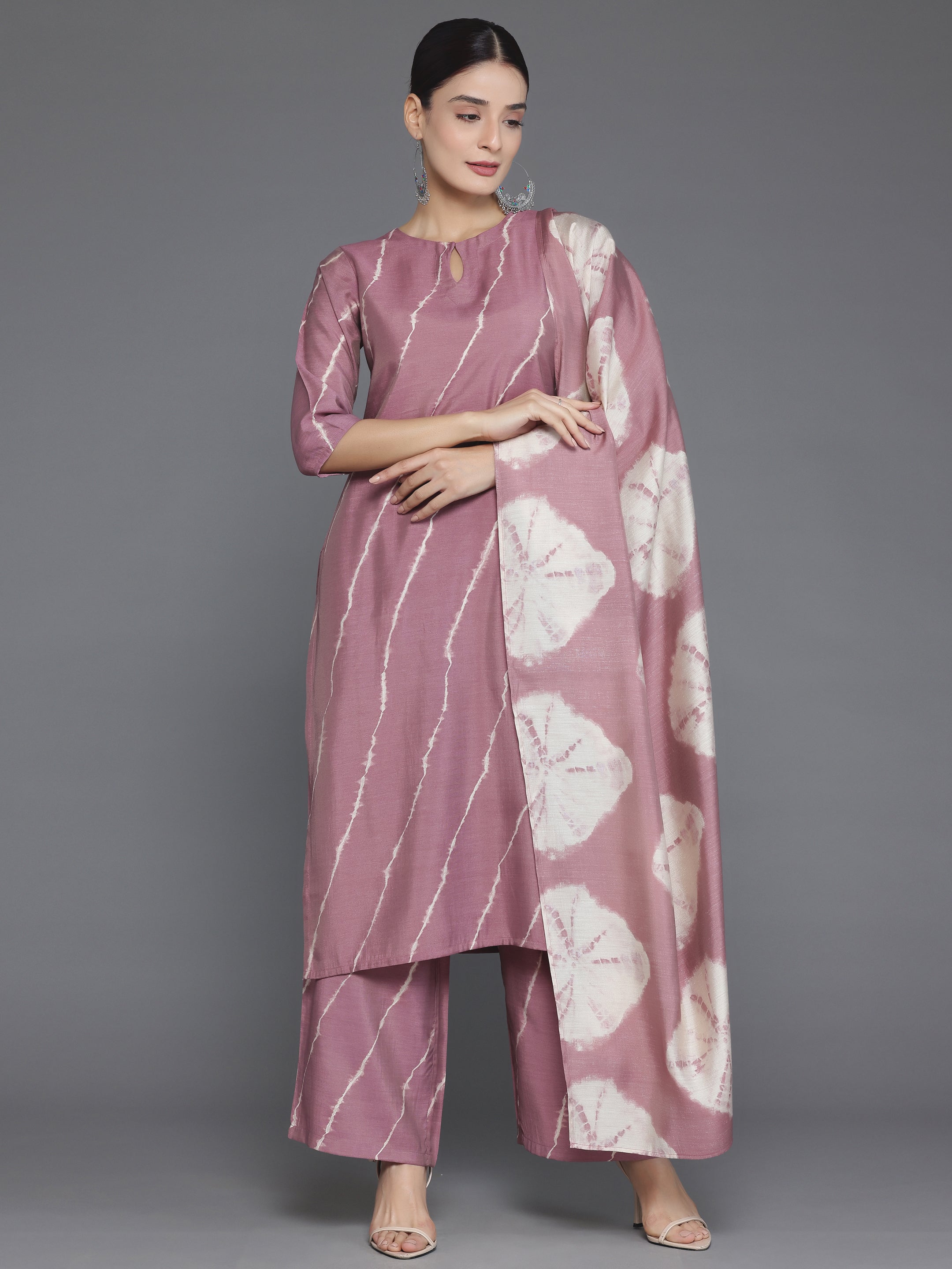 Mauve Printed Silk Blend Straight Suit With Dupatta