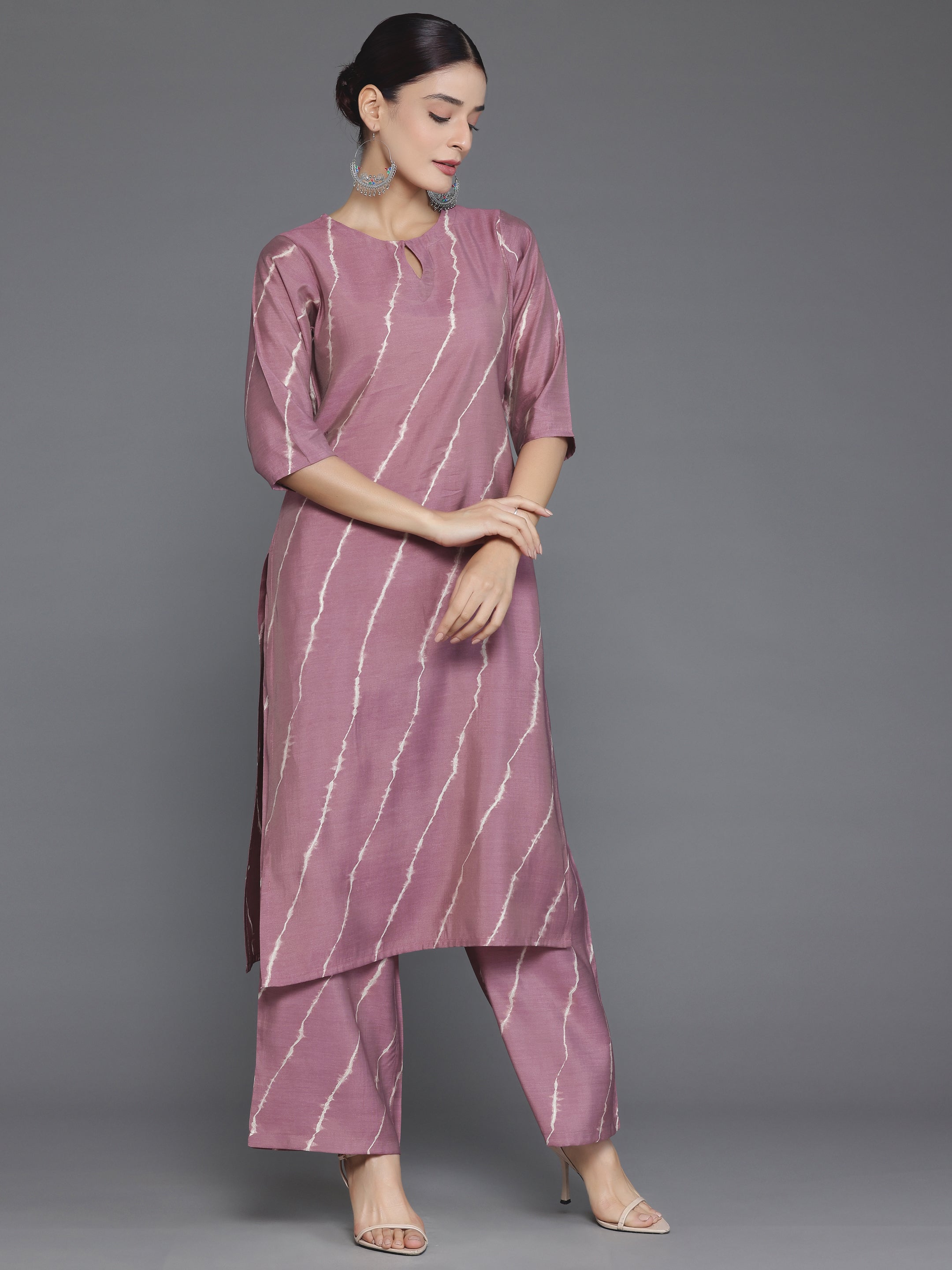 Mauve Printed Silk Blend Straight Suit With Dupatta