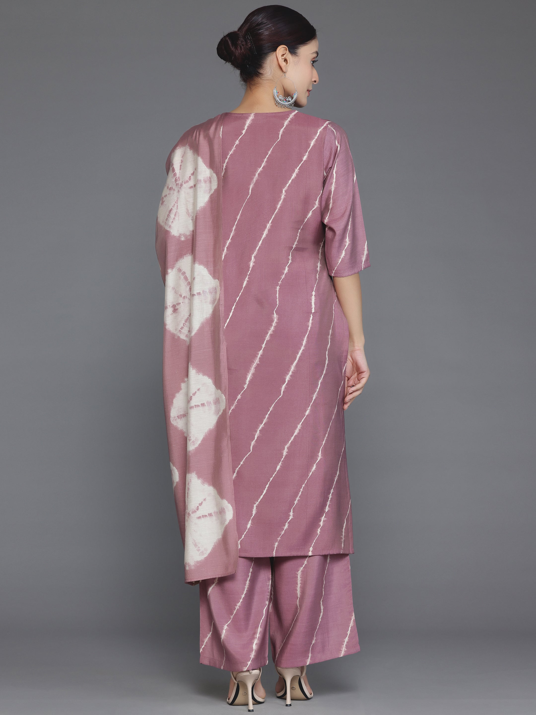 Mauve Printed Silk Blend Straight Suit With Dupatta