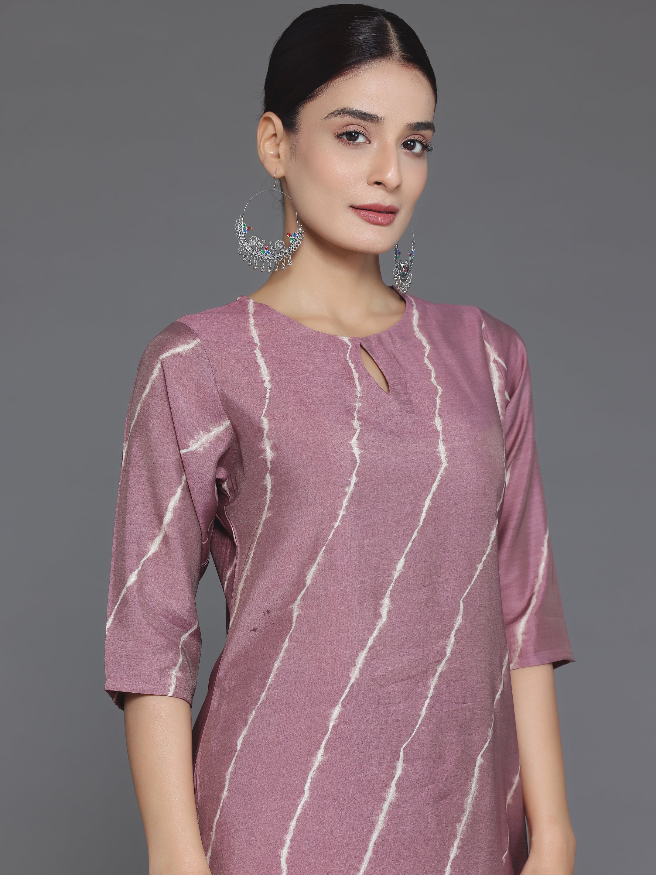 Mauve Printed Silk Blend Straight Suit With Dupatta