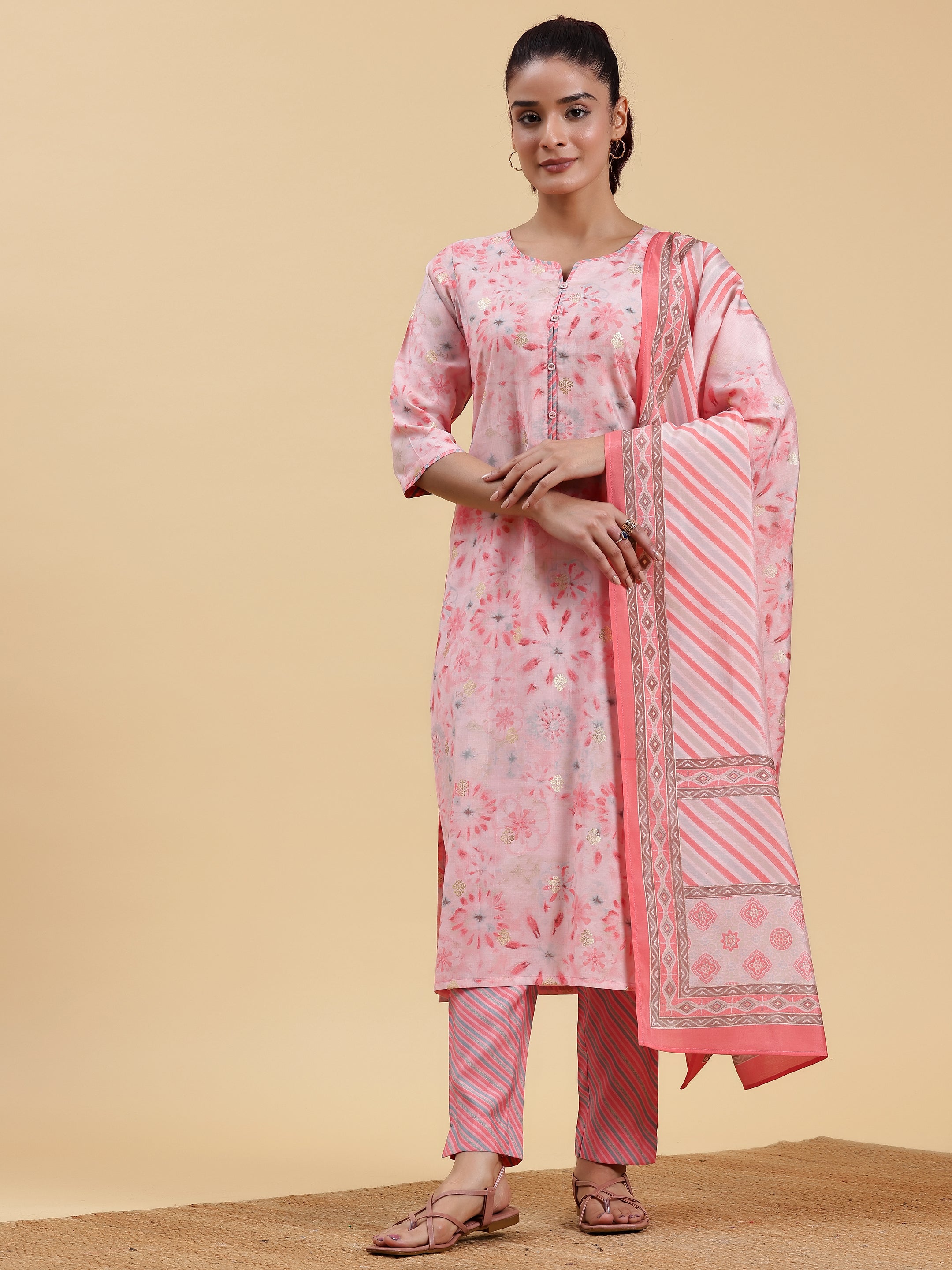 Peach Printed Silk Blend Straight Suit With Dupatta