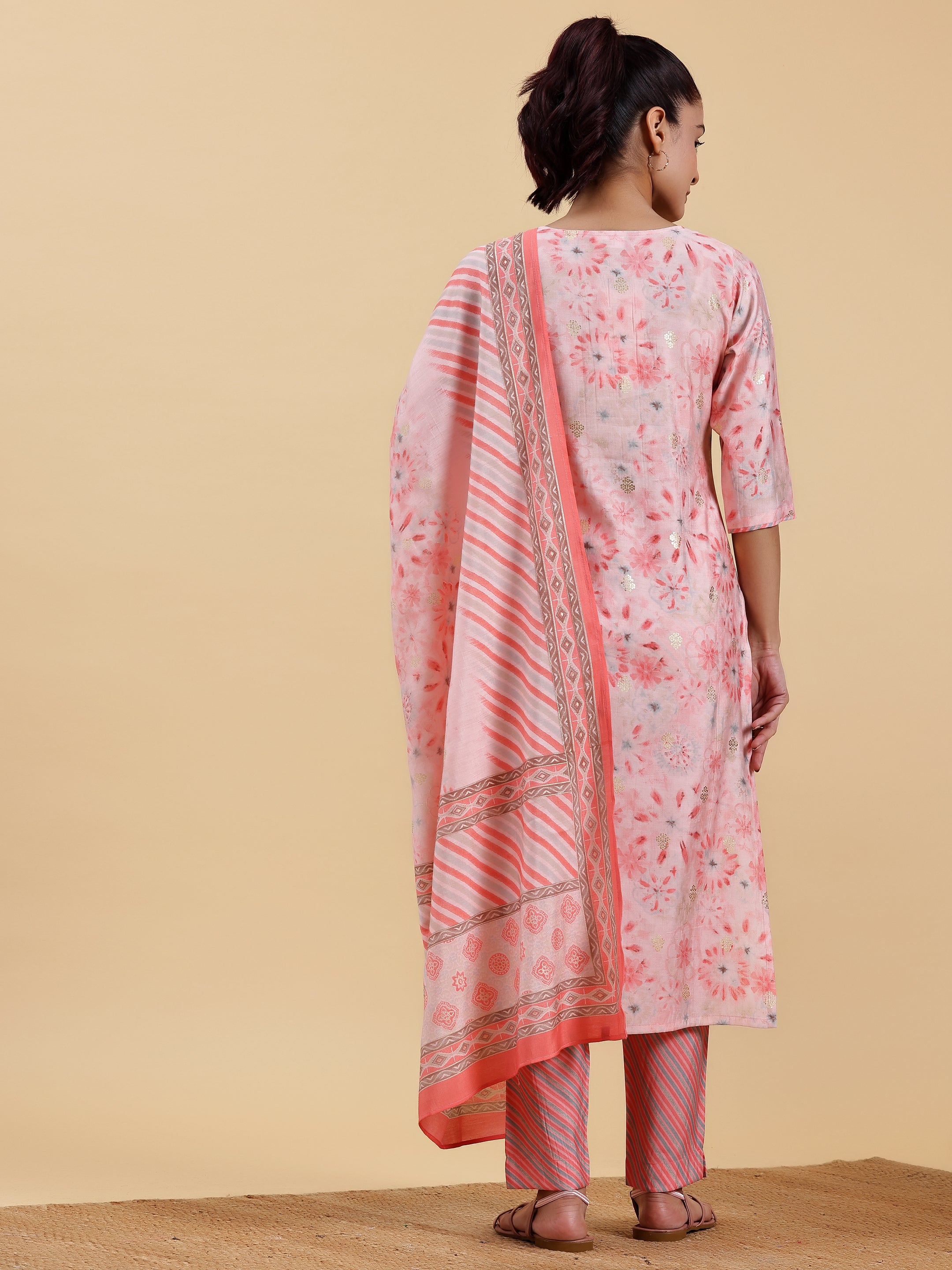 Peach Printed Silk Blend Straight Suit With Dupatta