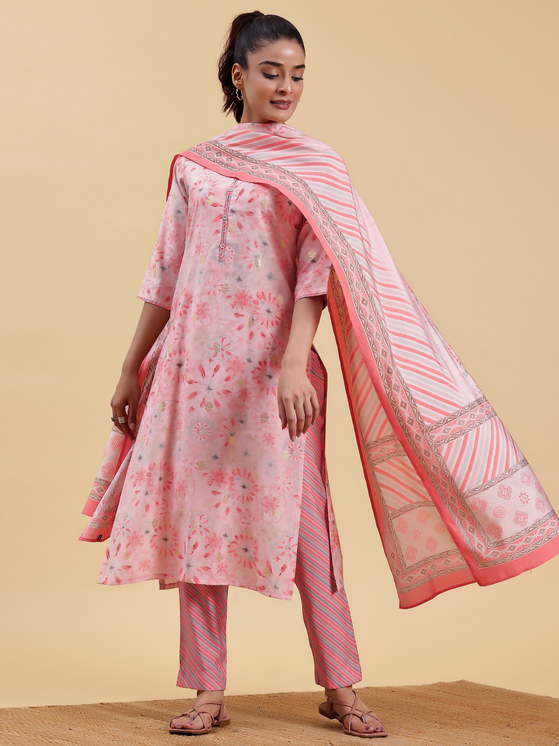 Peach Printed Silk Blend Straight Suit With Dupatta