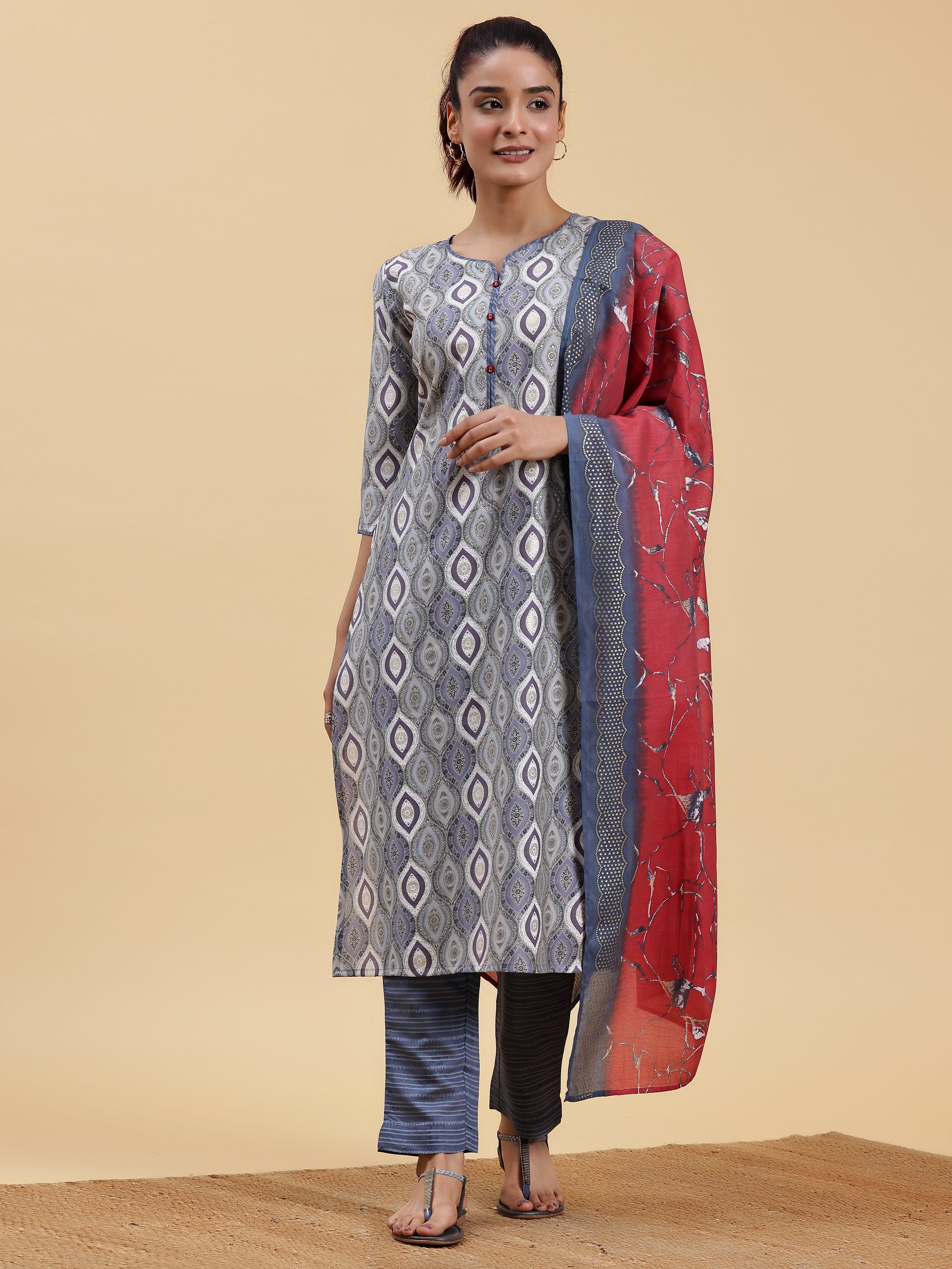 Grey Printed Silk Blend Straight Suit With Dupatta