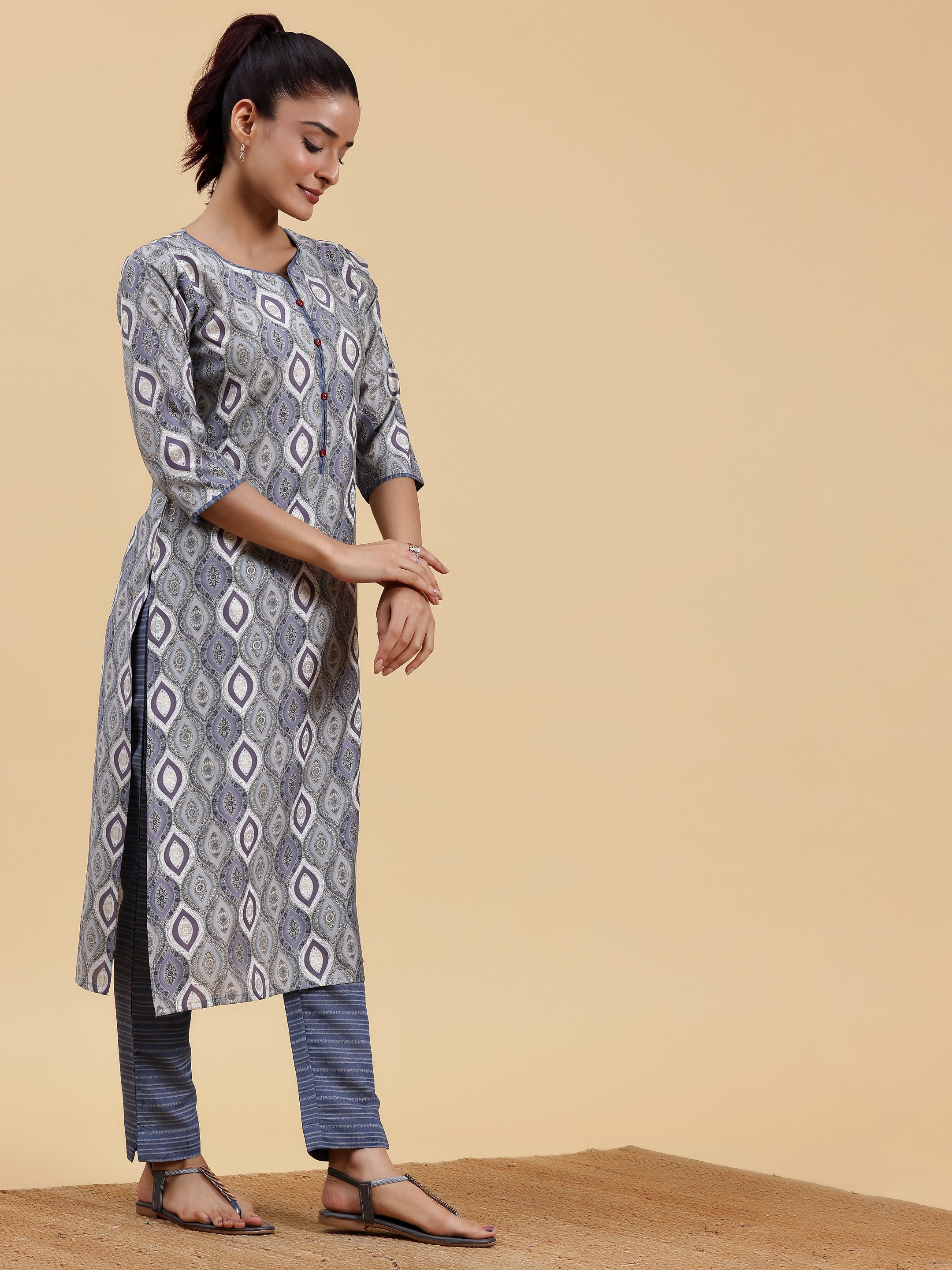 Grey Printed Silk Blend Straight Suit With Dupatta