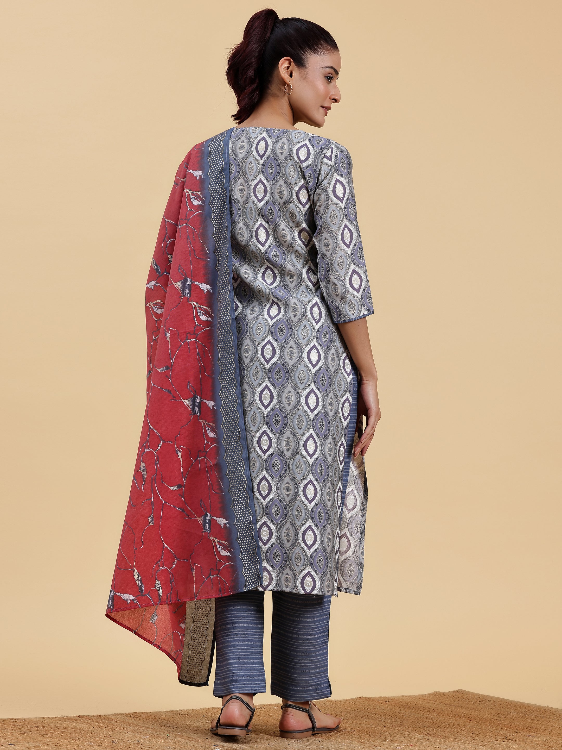 Grey Printed Silk Blend Straight Suit With Dupatta