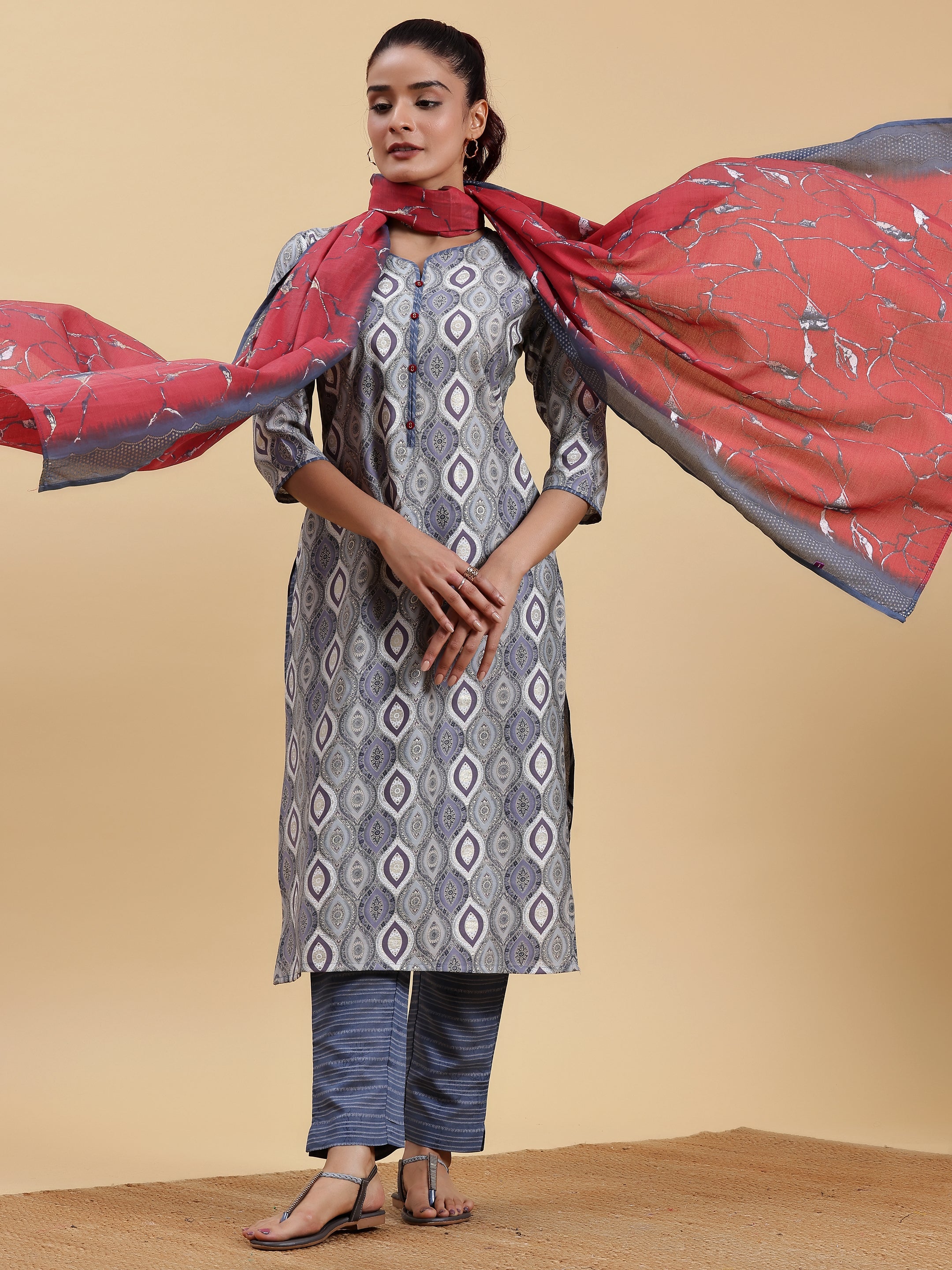 Grey Printed Silk Blend Straight Suit With Dupatta