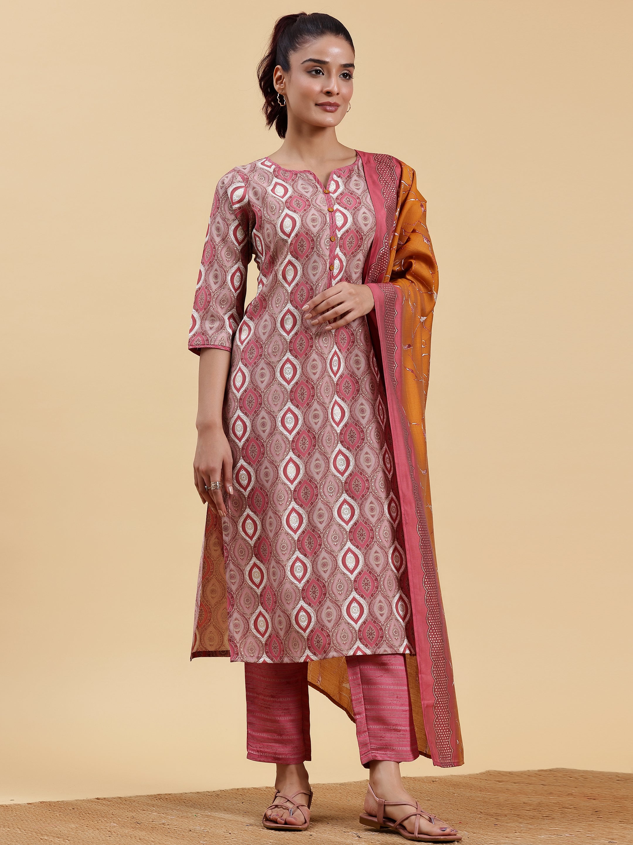 Mauve Printed Silk Blend Straight Suit With Dupatta