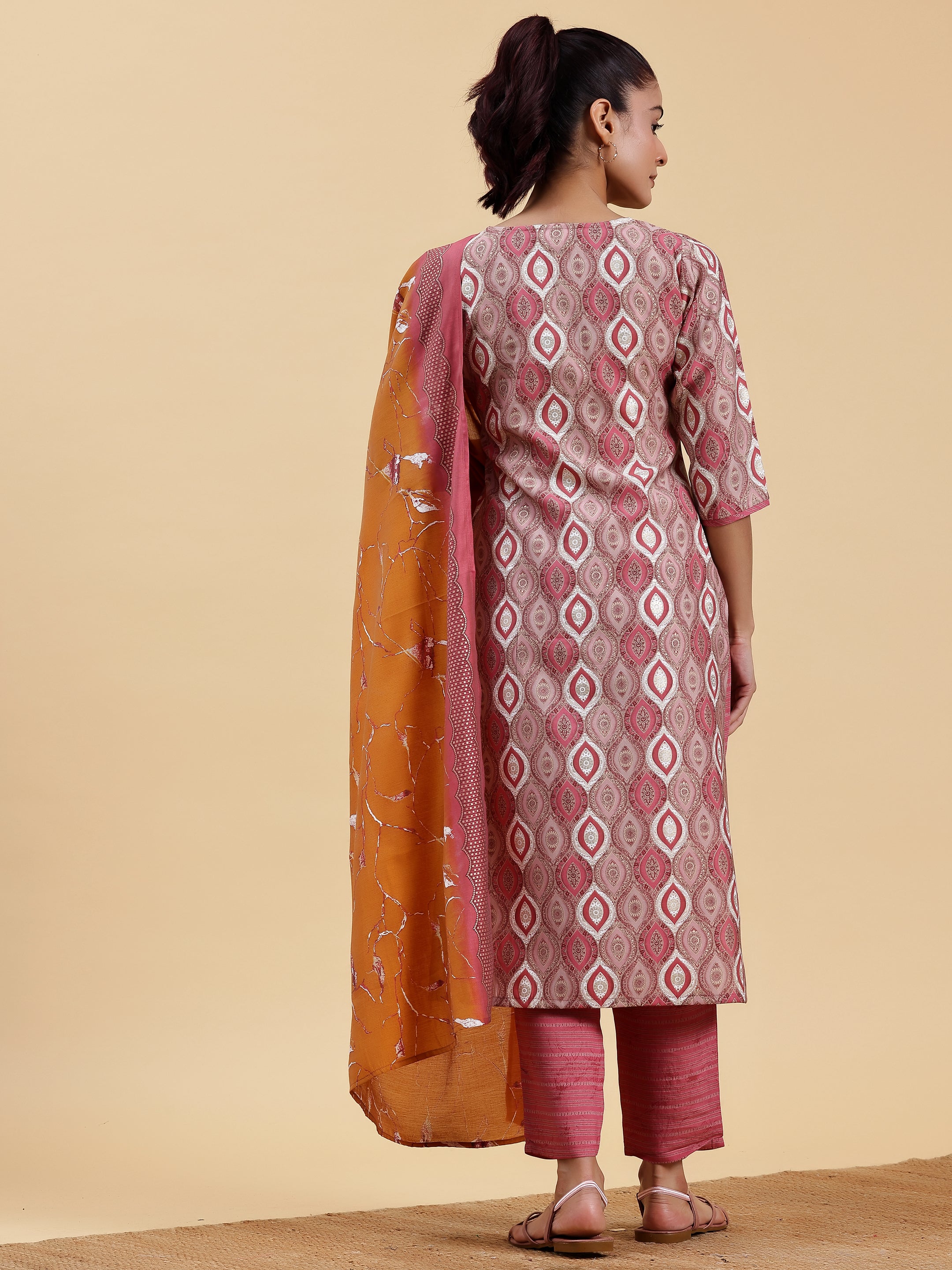 Mauve Printed Silk Blend Straight Suit With Dupatta