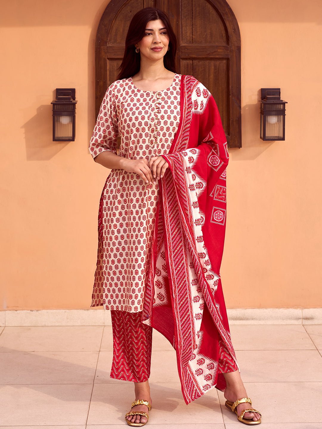 Beige Printed Silk Blend Straight Suit With Dupatta