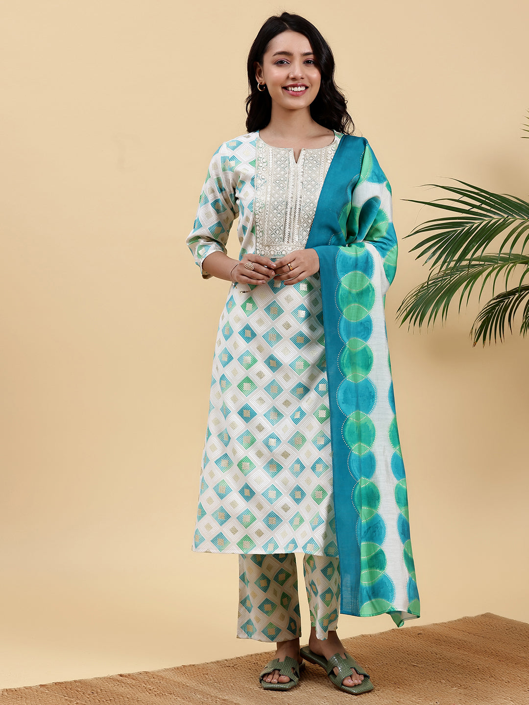 Off White Printed Silk Blend Straight Suit With Dupatta