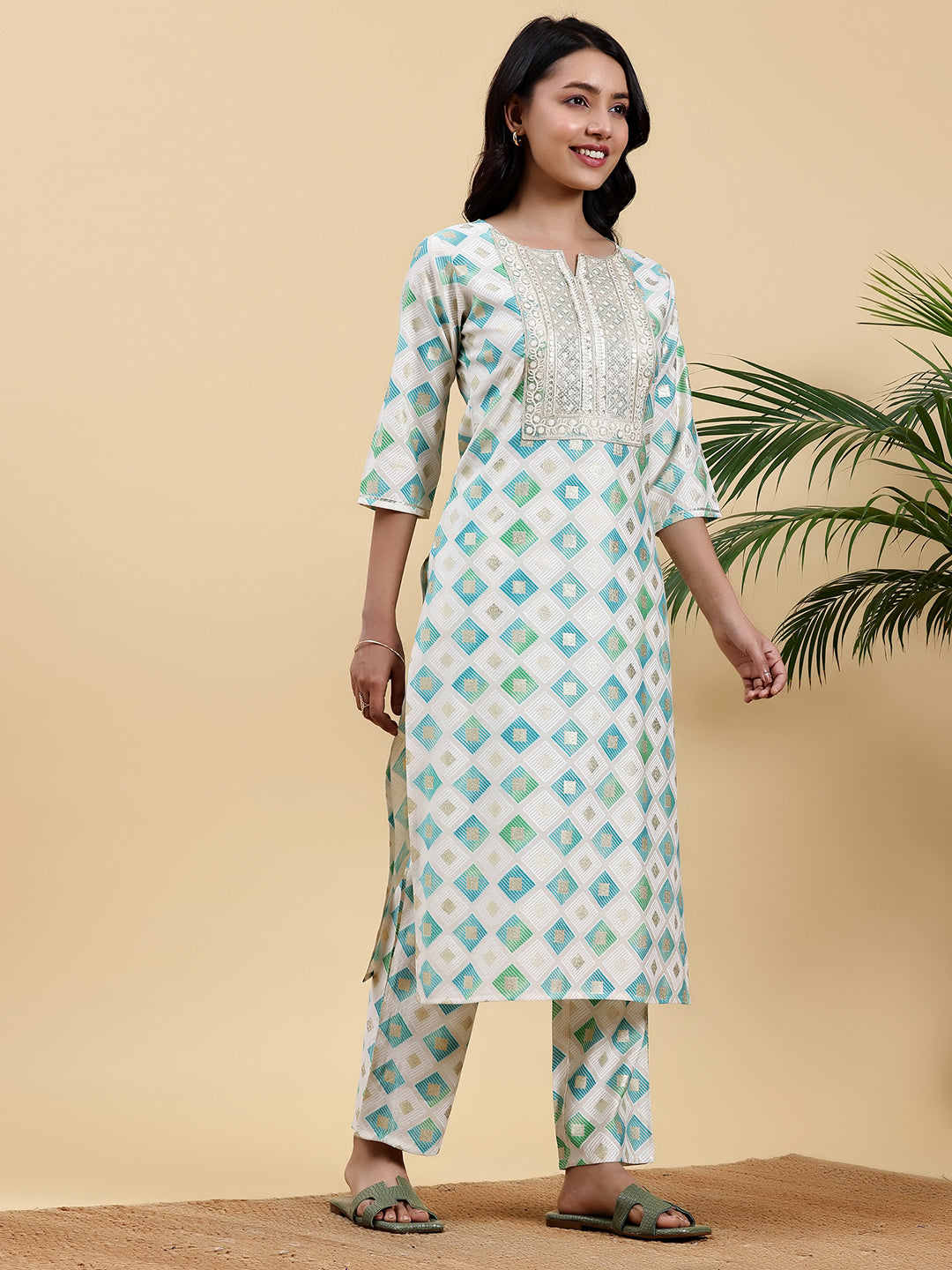 Off White Printed Silk Blend Straight Suit With Dupatta