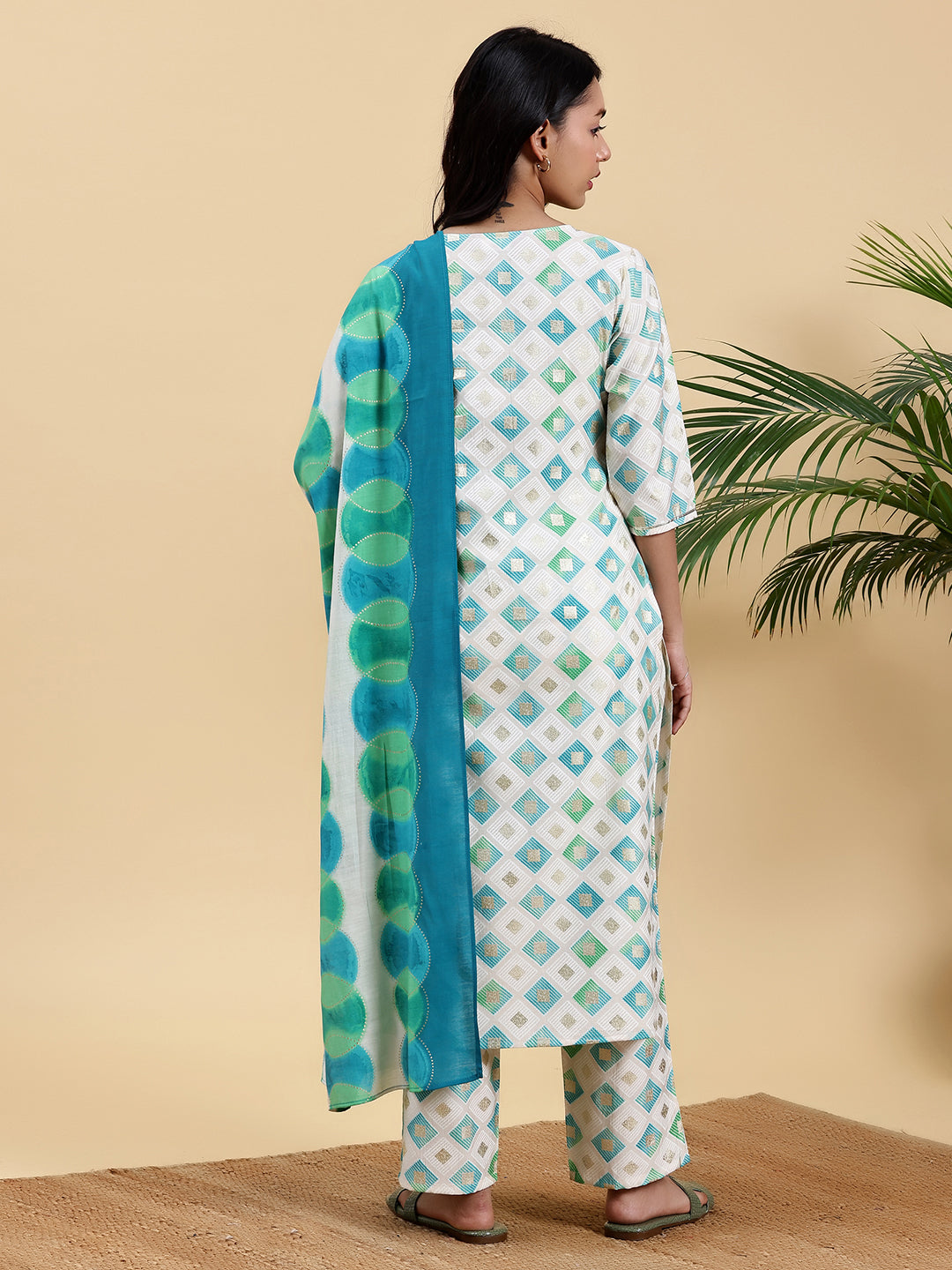 Off White Printed Silk Blend Straight Suit With Dupatta