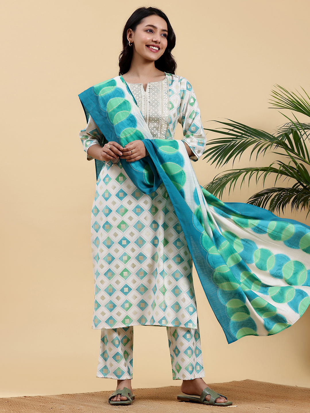 Off White Printed Silk Blend Straight Suit With Dupatta