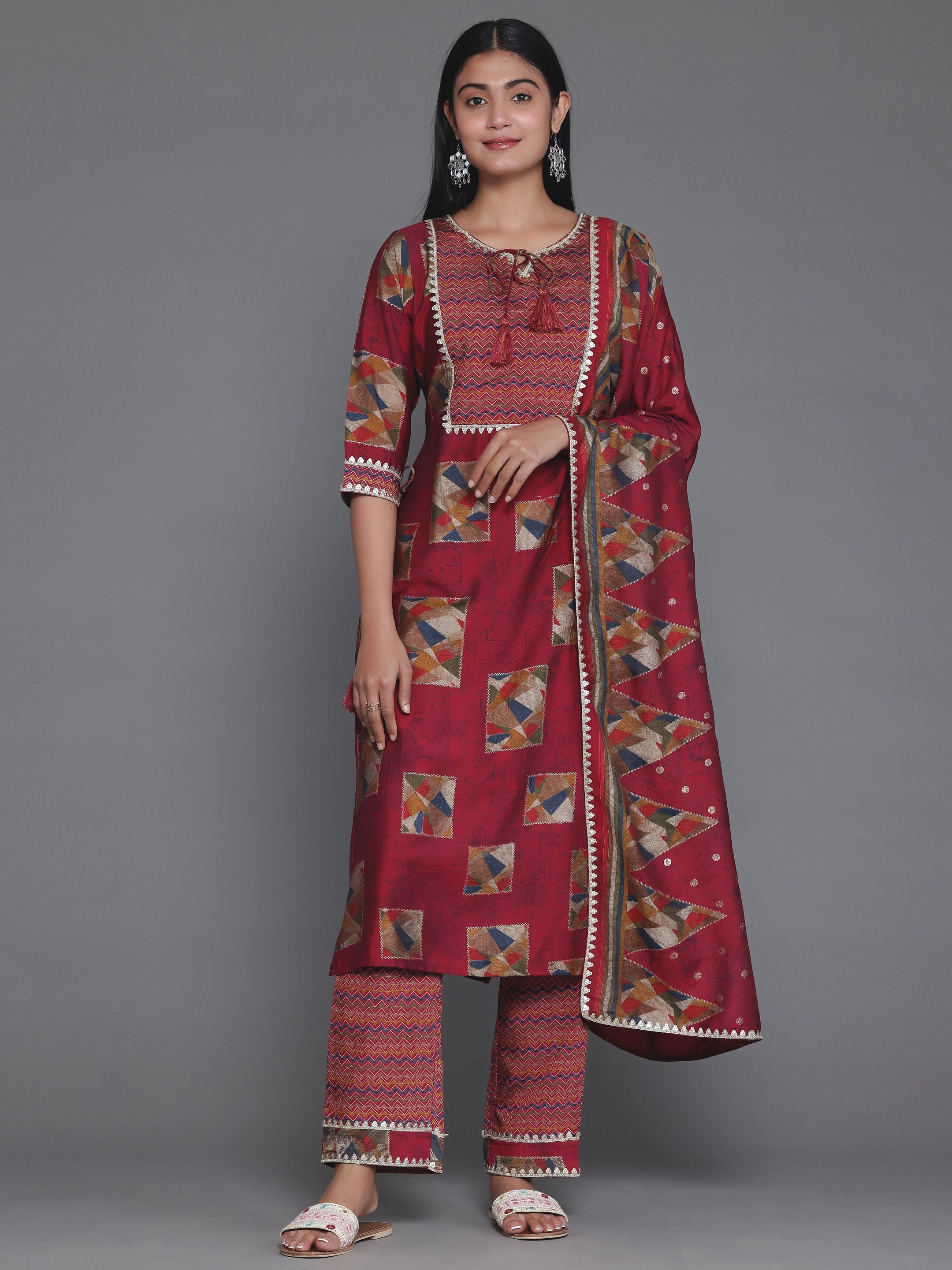 Maroon Printed Silk Blend Straight Suit With Dupatta