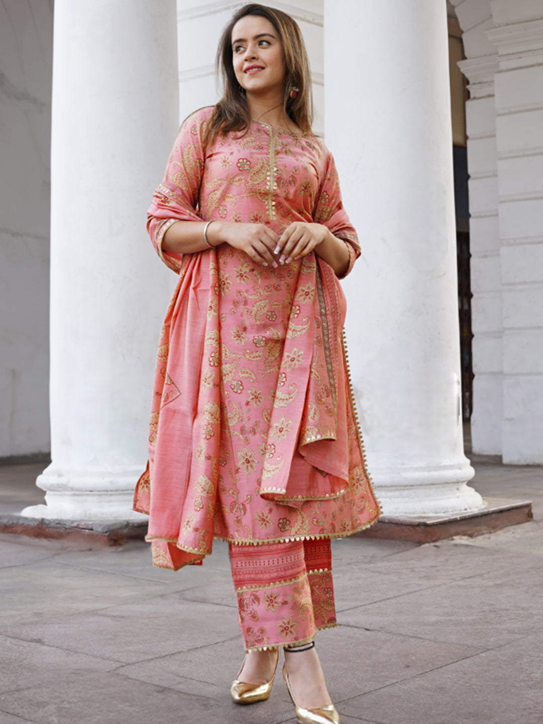 Pink Printed Silk Blend Straight Suit With Dupatta