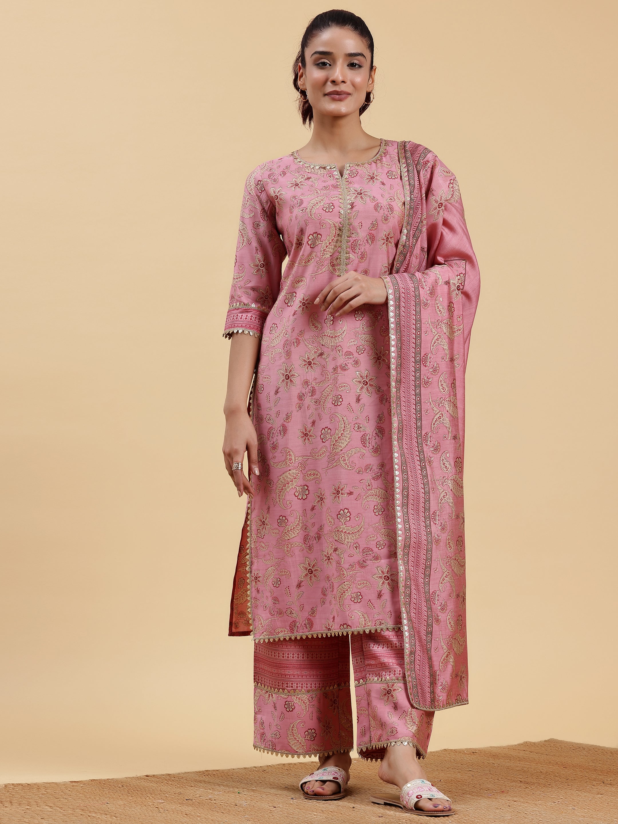 Pink Printed Silk Blend Straight Suit With Dupatta