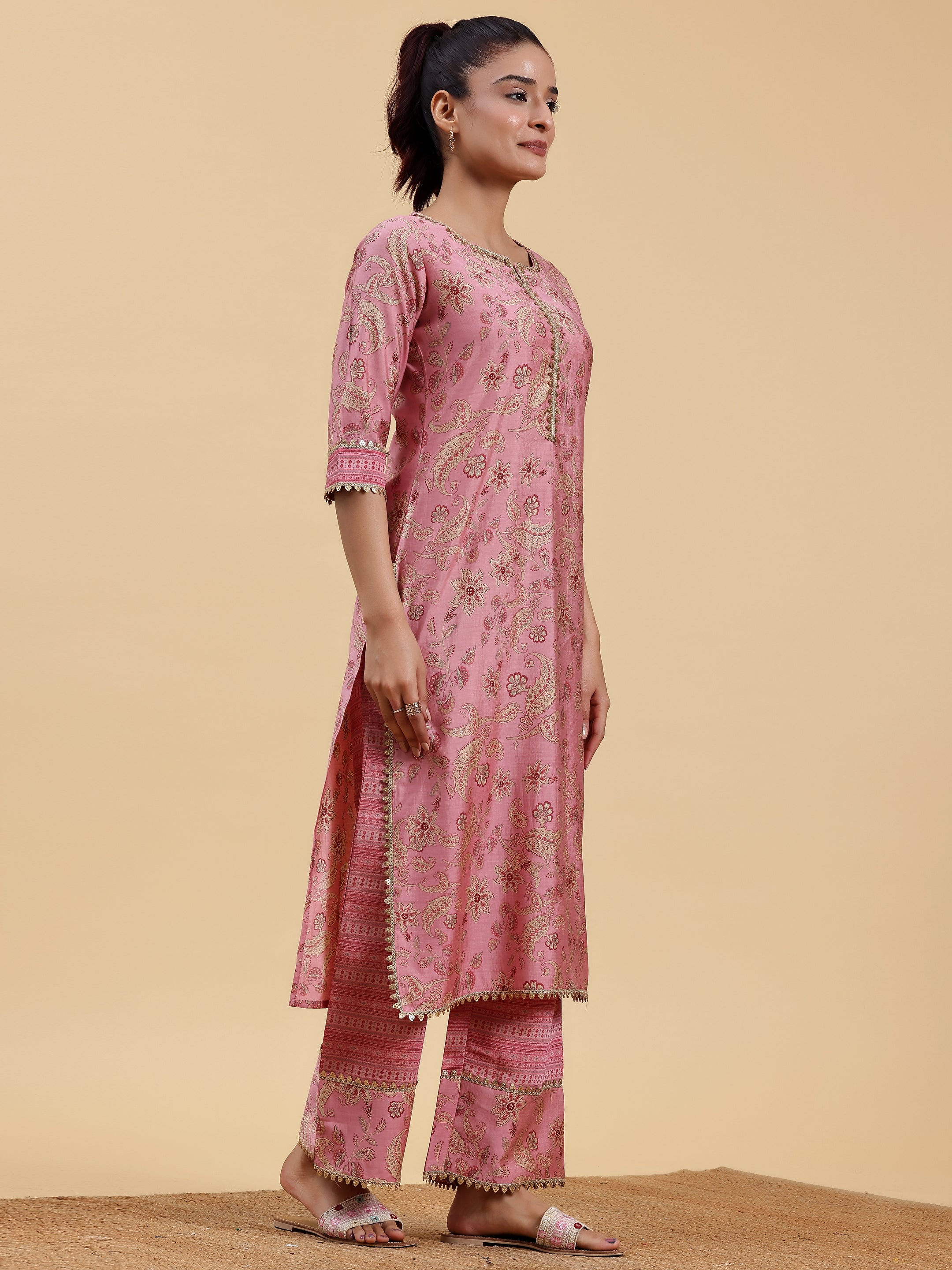 Pink Printed Silk Blend Straight Suit With Dupatta