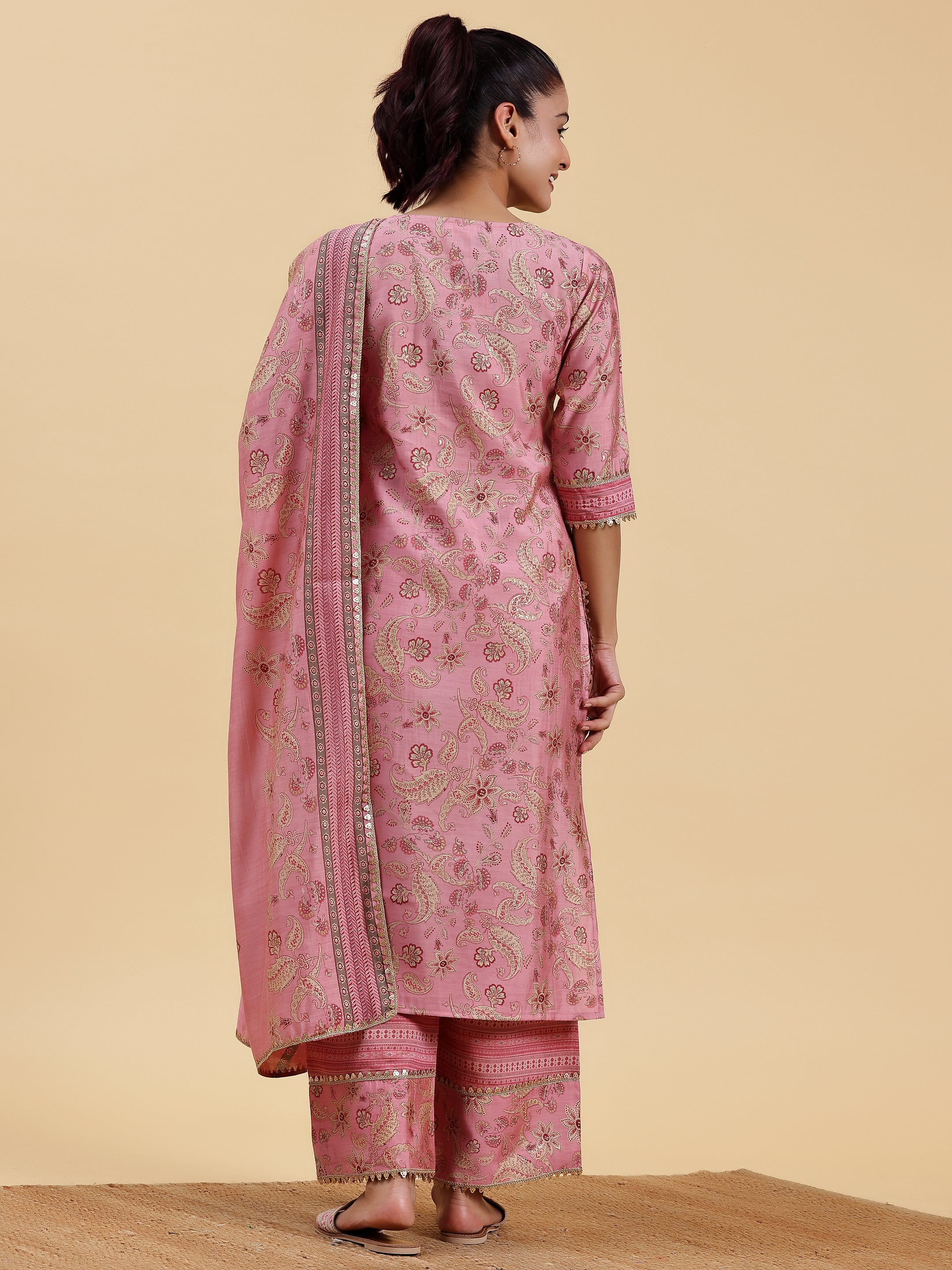 Pink Printed Silk Blend Straight Suit With Dupatta