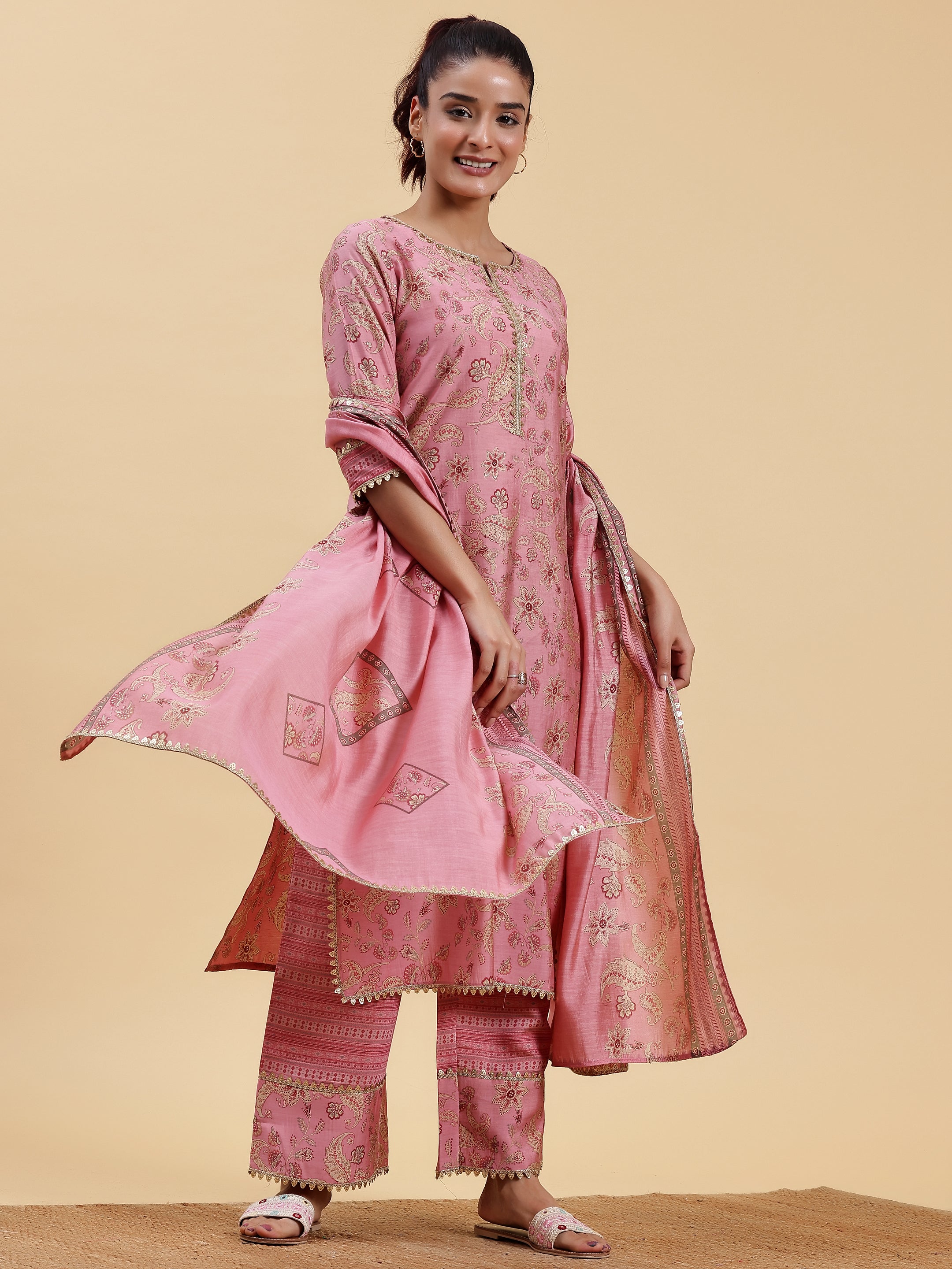 Pink Printed Silk Blend Straight Suit With Dupatta