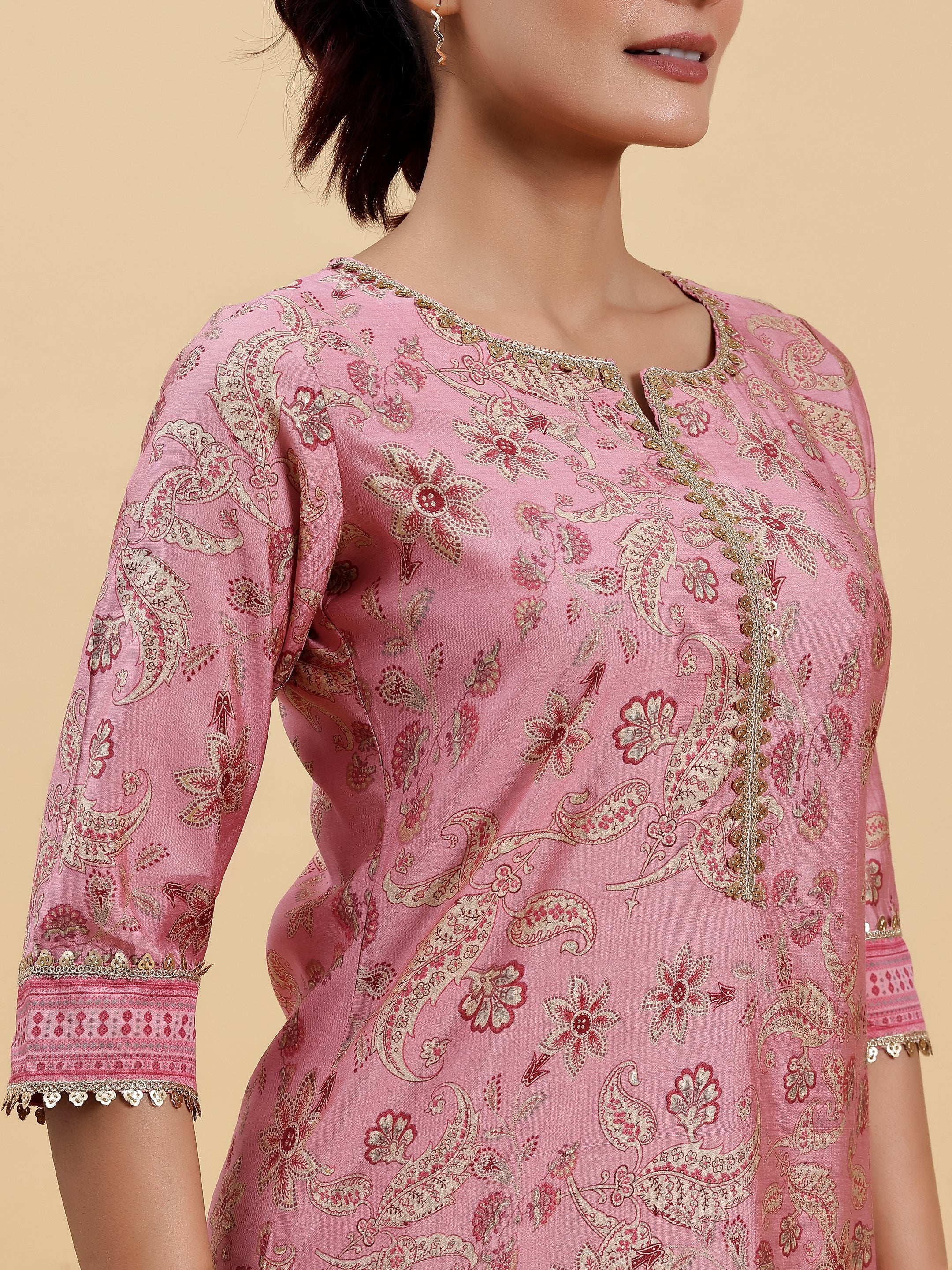 Pink Printed Silk Blend Straight Suit With Dupatta