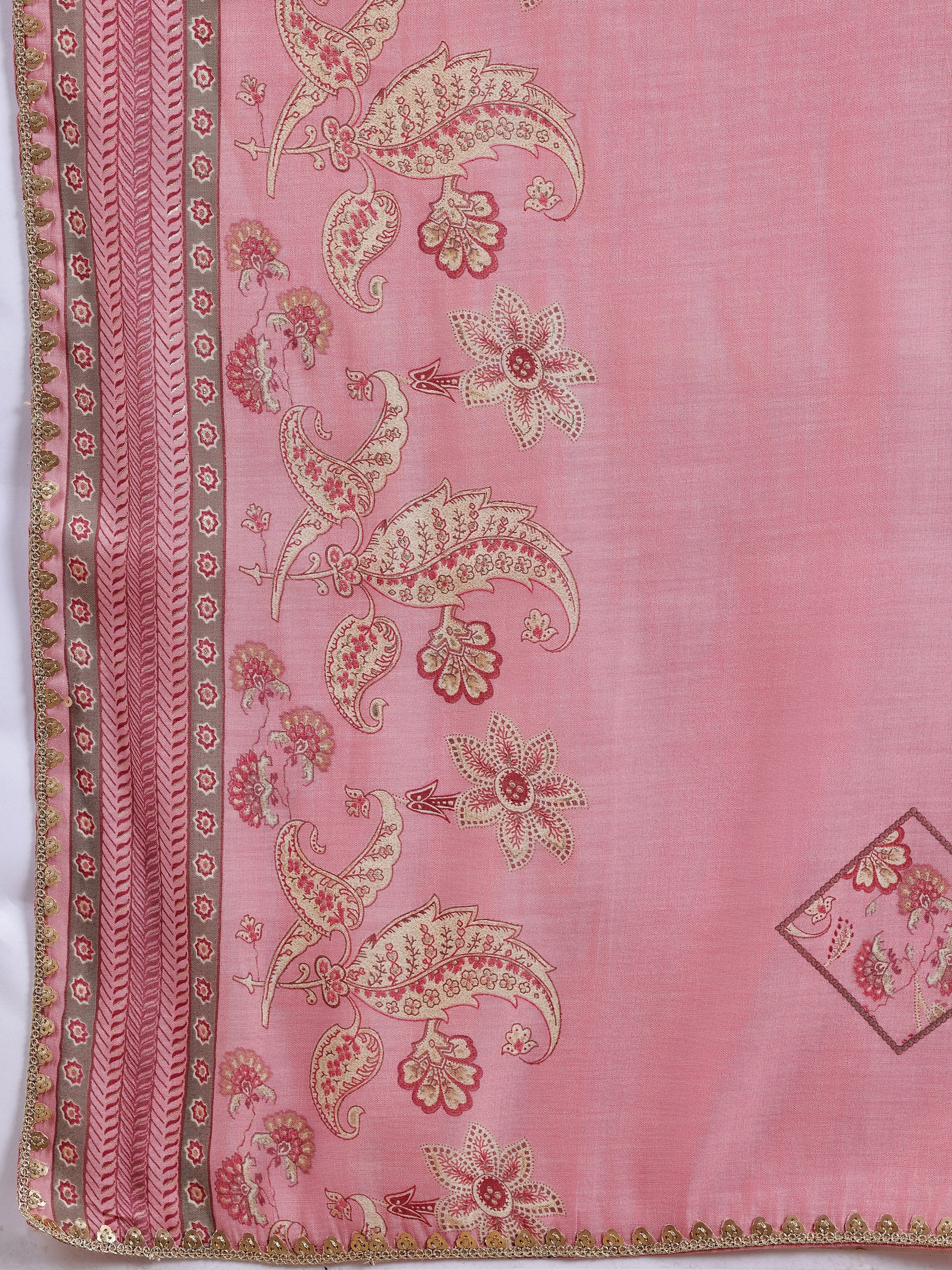 Pink Printed Silk Blend Straight Suit With Dupatta