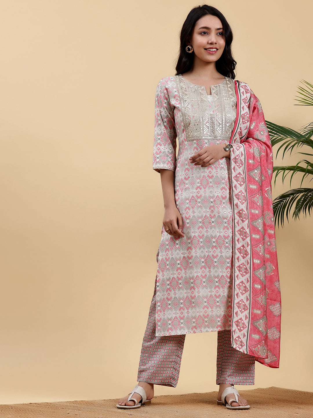 Beige Printed Silk Blend Straight Suit With Dupatta