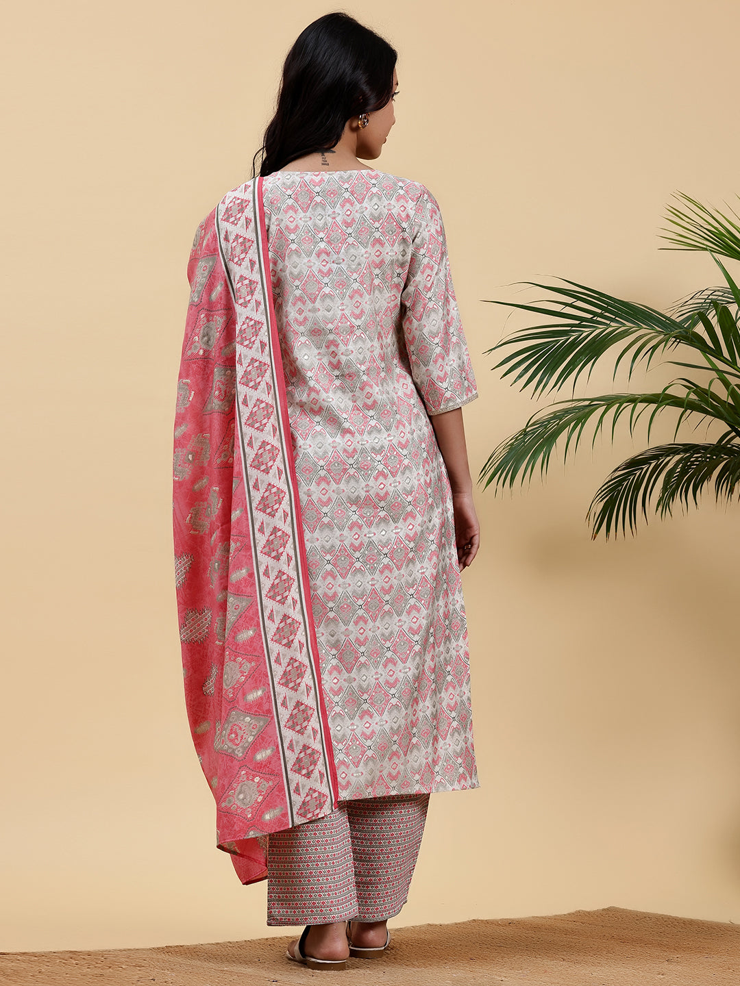 Beige Printed Silk Blend Straight Suit With Dupatta