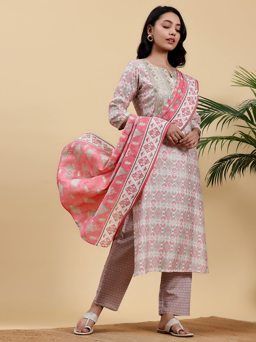 Beige Printed Silk Blend Straight Suit With Dupatta