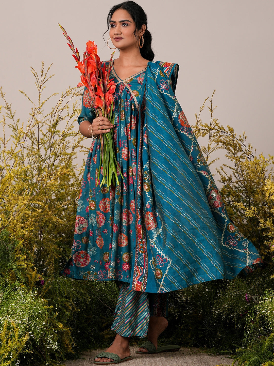 Blue Printed Silk Blend A-Line Kurta With Palazzos & Dupatta